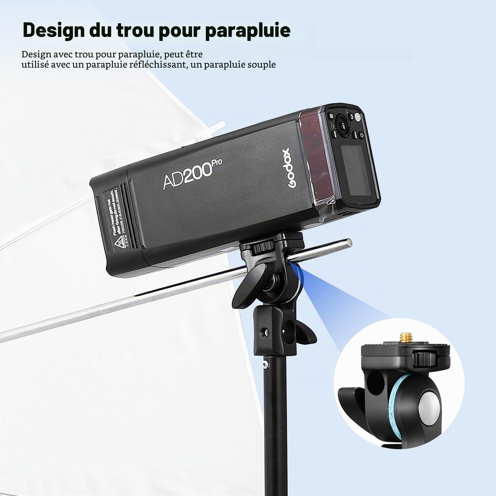 Godox AD-E2 Support de flash en métal pour parapluie avec vis standard 1/4" et adaptateur de parasol pour AD100 AD100Pro AD200 AD200Pro AD200 AD200Pro