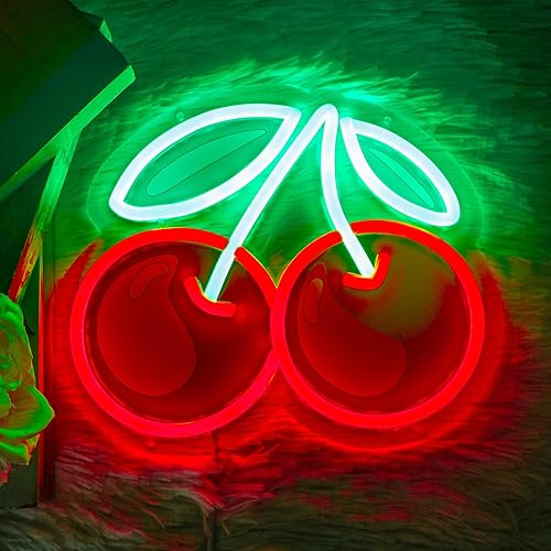 Letrero de neón de cereza, bonita luz LED de neón para decoración de pared, temporizador, luz nocturna hecha a mano para el hogar, dormitorio,
