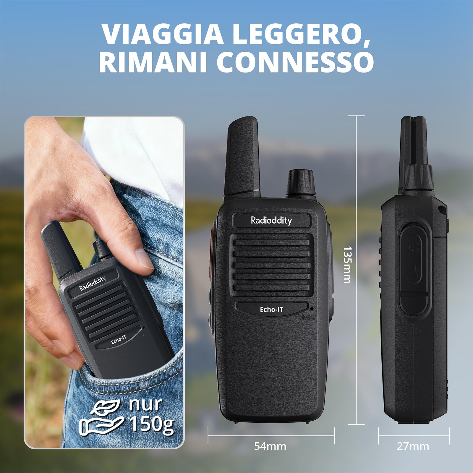Radioddity Echo-IT Walkie Talkie PMR446 Senza Licenza, Voce in Italiano,Compatti Radio Portatile con Batteria 1200 mAh ricaricabili, USB‑C, VOX, CTCSS/DCS, Squelch Regolabile, 2 pezzi