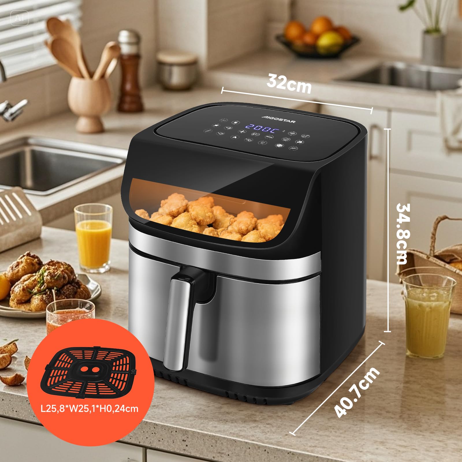 Aigostar Friggitrice ad Aria XXL 8,8 Litri, Air Fryer Doppia Resistenza, Risparmio Energetico 55%, 13 Programmi, Interno Acciaio Inox, Touchscreen & Finestra, Comunità Ricette, BPA FREE