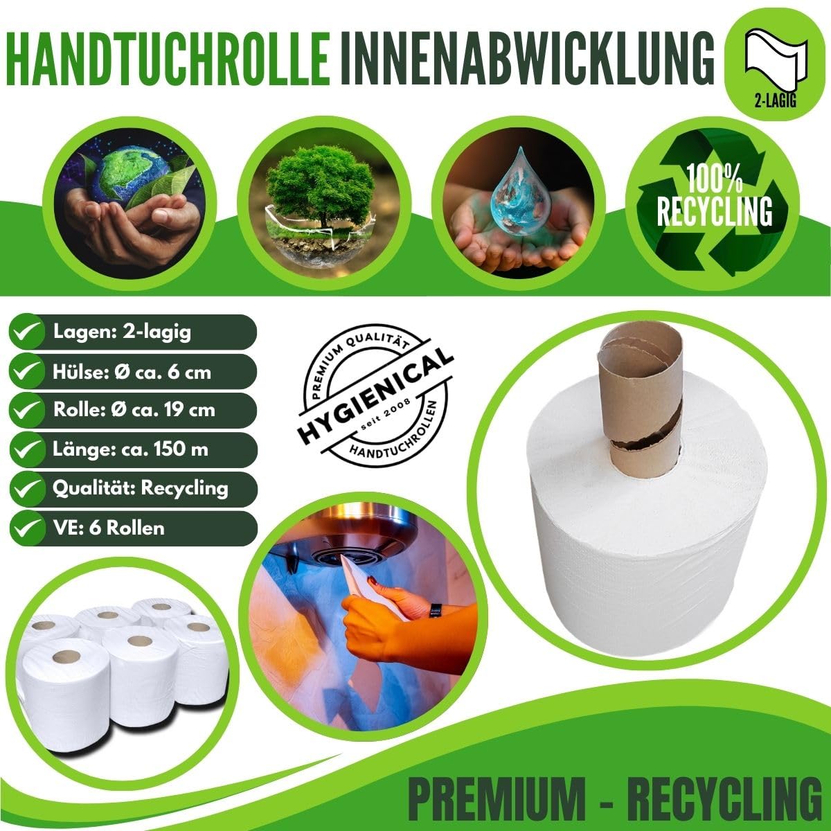 Handtuchpapierrollen 2-lagig, Spiralkern 20cmx150m, Weißegrad 70%, Perforiert – Papierhandtücher für Spender, Einweg Handtuchrollen, Hygienische Handtuchpapierrollen für Gastronomie und Fitness