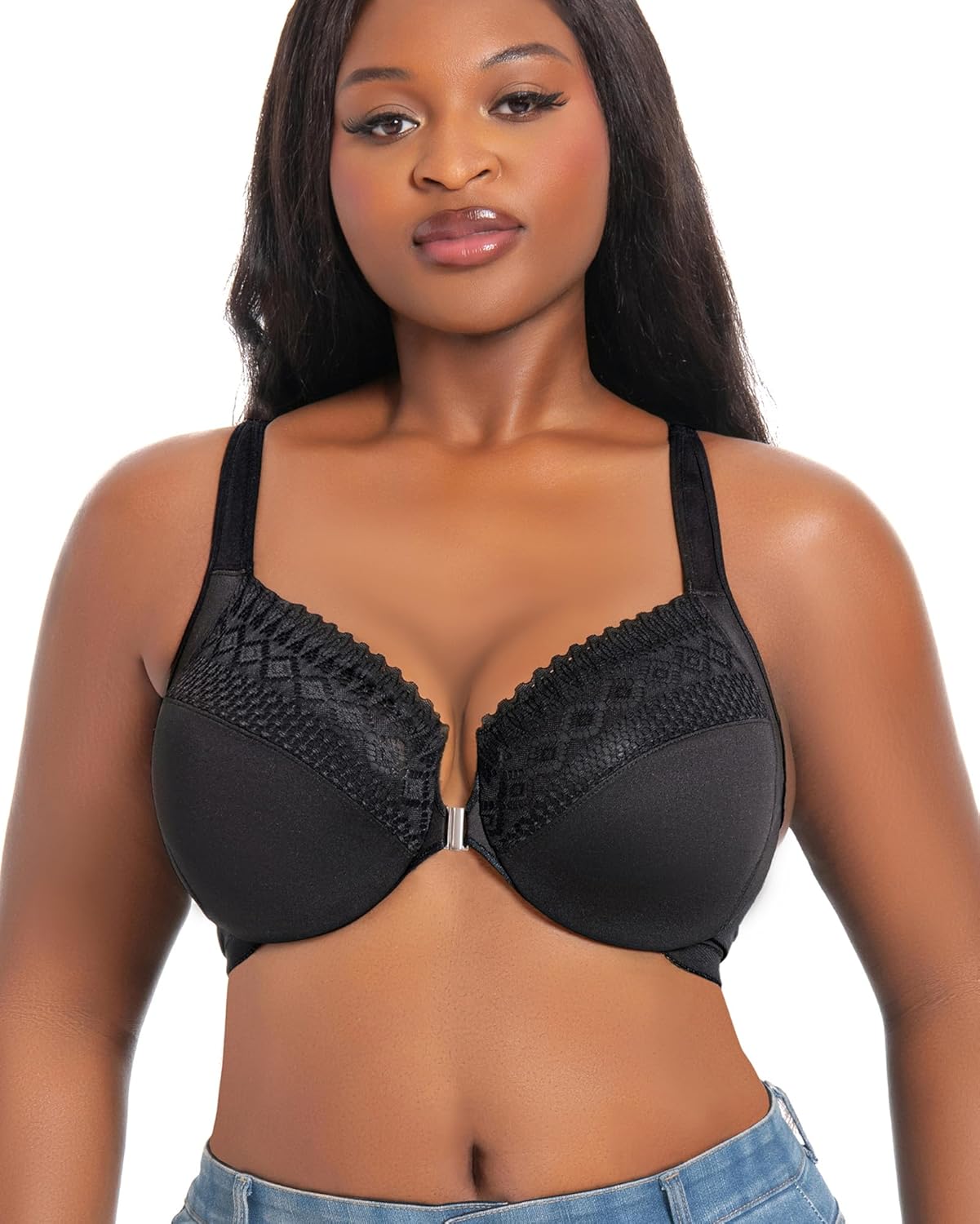 Women's Front Closure Bra Underwire Unlined T-Back Lace Unpadded Full Coverage Racerback Bras for Plus Size