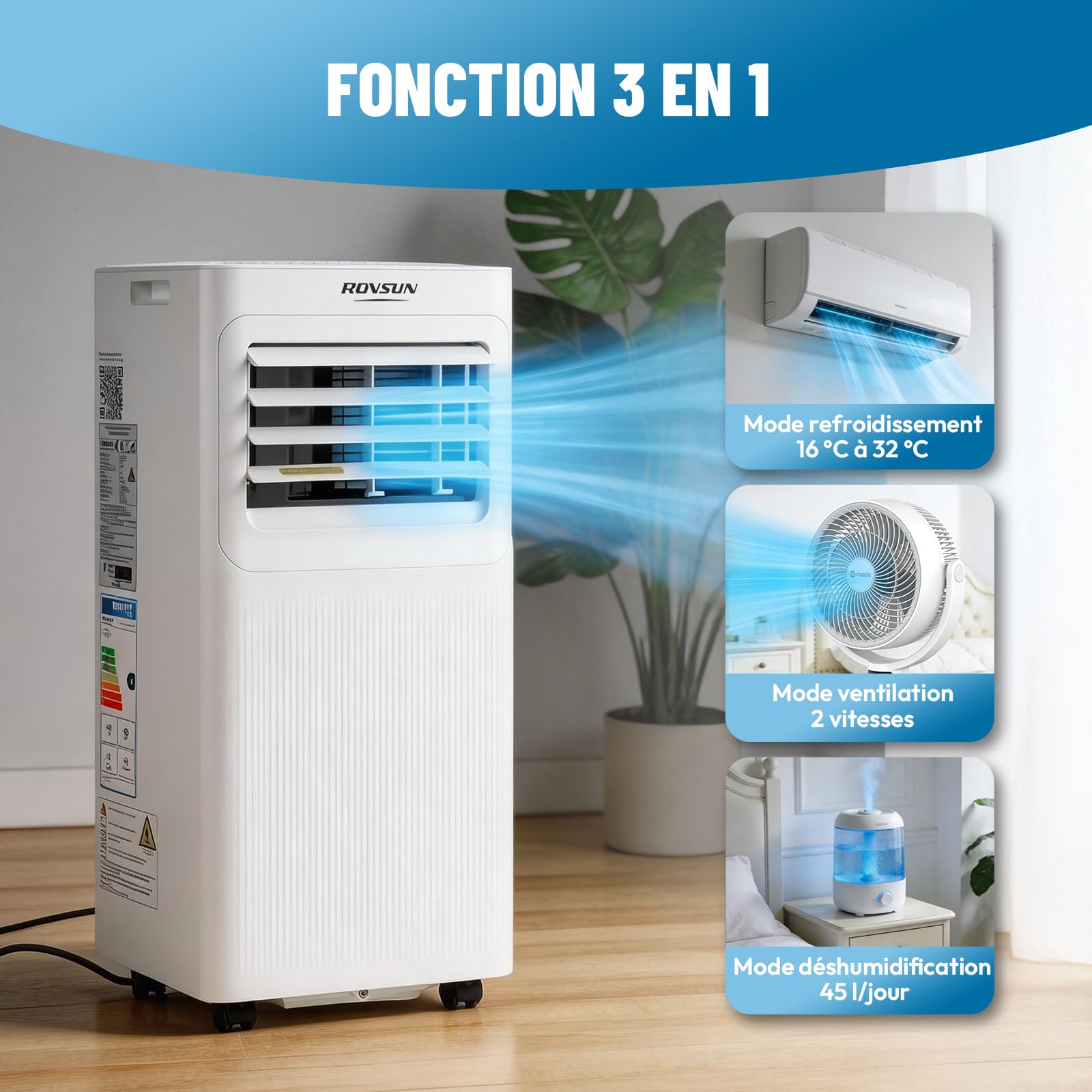 ROVSUN Climatiseur Mobile 7000 BTU 4 en 1 – Rafraîchissement, Ventilation, Déshumidification, Mode nuit Silencieux <65 dB, Minuterie 24h, Roulettes 360°, Télécommande + Wi-Fi, 20 m², Blanc, classe A