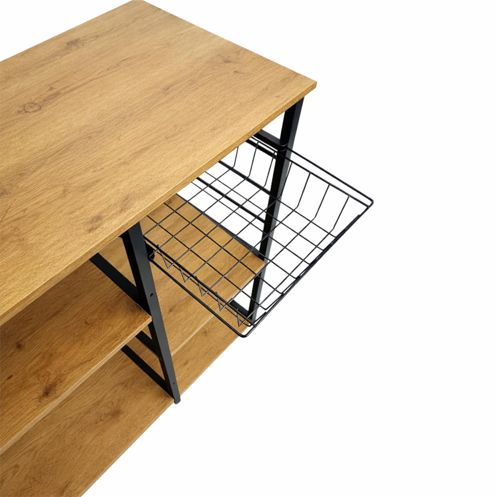 Küchenregal freistehend, Mikrowellenregal mit 4 Ablagen, Drahtkorb und Hakenleiste, Küchenorganizer im Industrial Design aus Metall und Eichenoptik, 90 x 40 x 84 cm