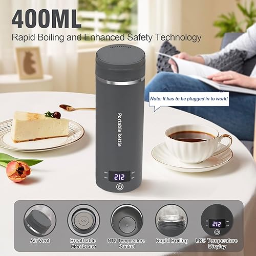 Miniatura 10 de Hervidor eléctrico de viaje, mini hervidor de agua portátil, pequeña caldera de agua caliente con 4 ajustes de temperatura, acero inoxidable 304,