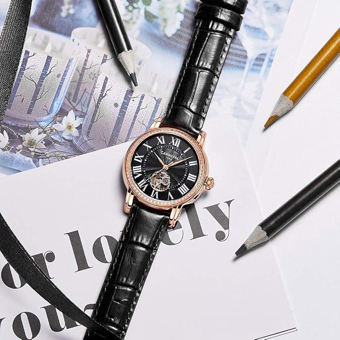 TEINTOP Carnival Women's Automatic Mechanical Rose Gold Watch with Leather Band