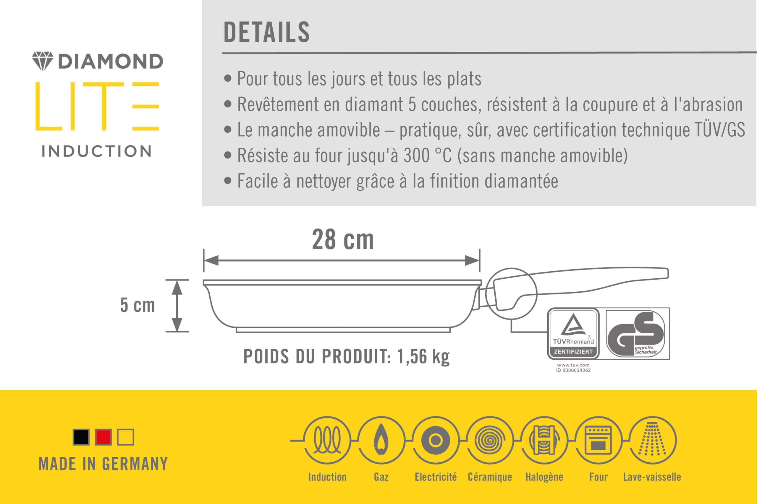 Woll Diamond Lite poêle en fonte - Induction-, Ø 28 cm, hauteur 5 cm, avec manche amovible - Convient à tous les types de cuisinières, antiadhésif, fonte d'aluminium