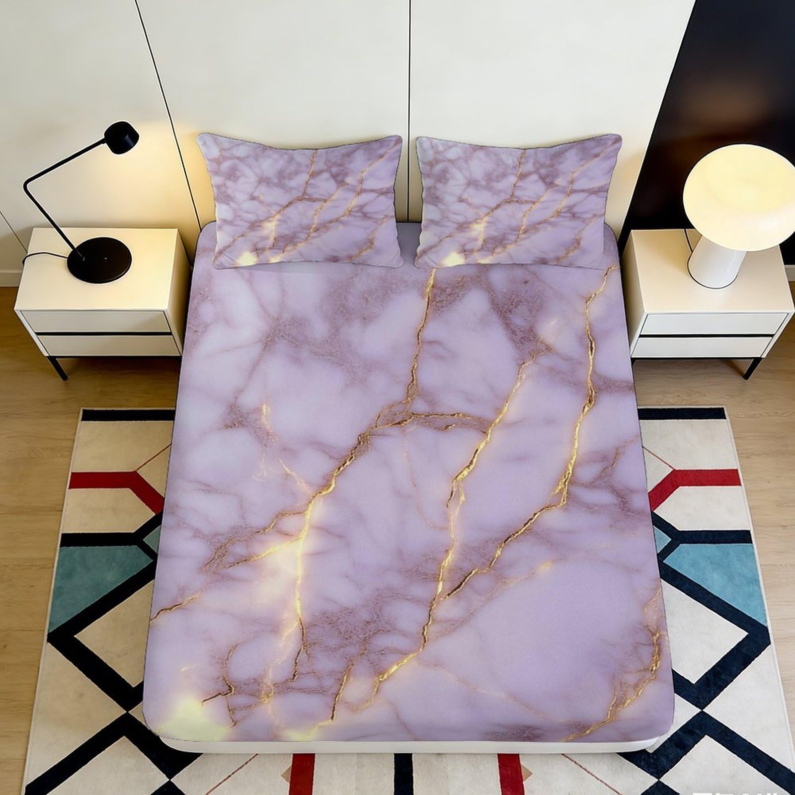 Qjzxknhpgr Style-9 3D Printed Purple Marble Fitted Sheet Microfiber Soft Slip-Resistant Gold Vein Mattress Cover Bedroom Decor 90X200x25cm