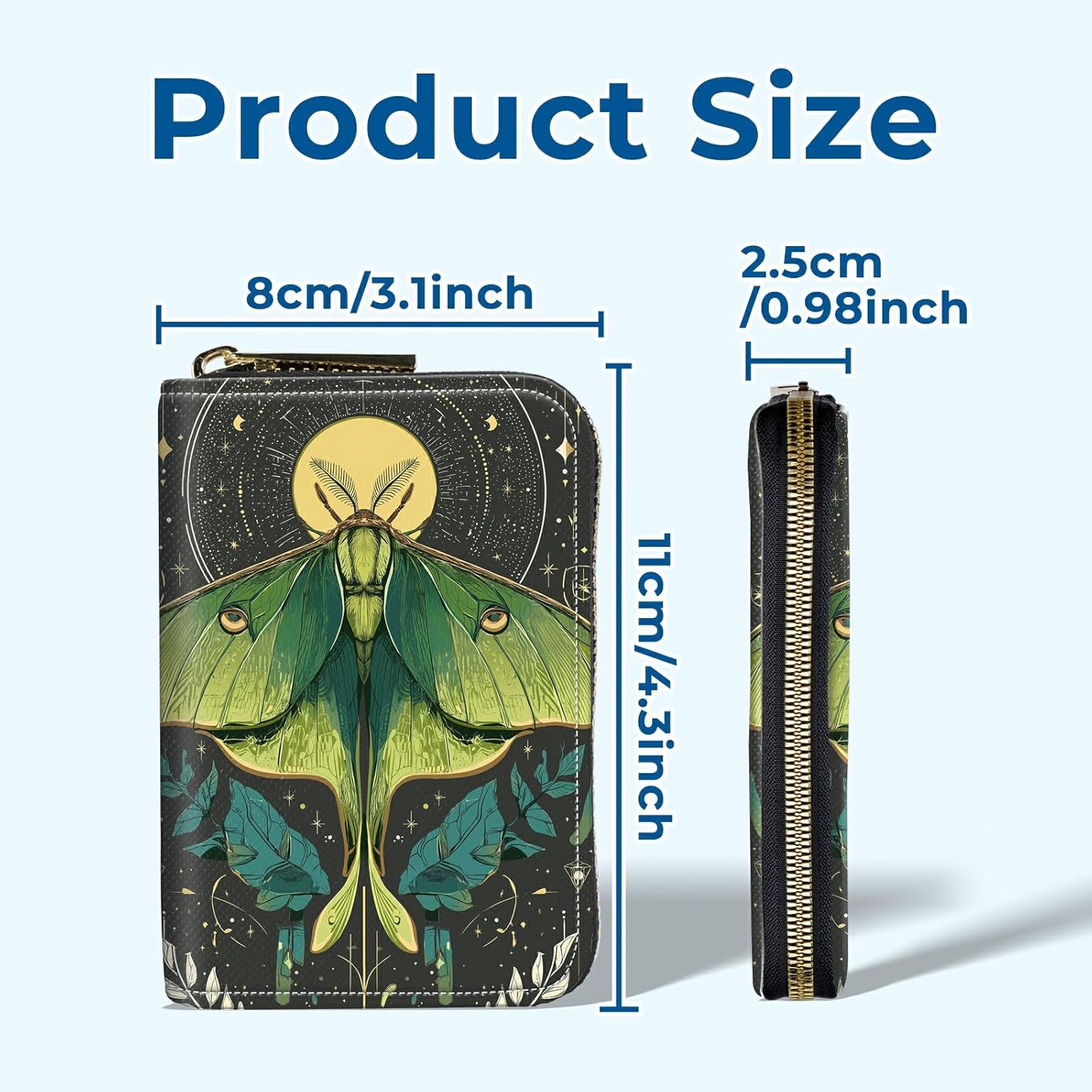 Zipper Wallet for Women, RFID Blocking Small Credit Card Holder with Accordion Design, Compact PU Leather Zipper Purse with Gift Box, Green Moth Moon Pattern - Image 2