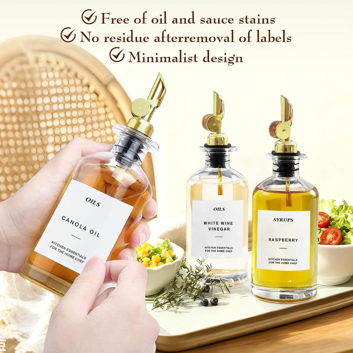 2PCS Olive Oil Dispenser for Kitchen, 350ml(12oz) Kitchen Glass Olive Oil Dispenser Bottle Set, Oil and Vinegar Dispenser Set with Gold-Toned Spouts and Labels(Gold)