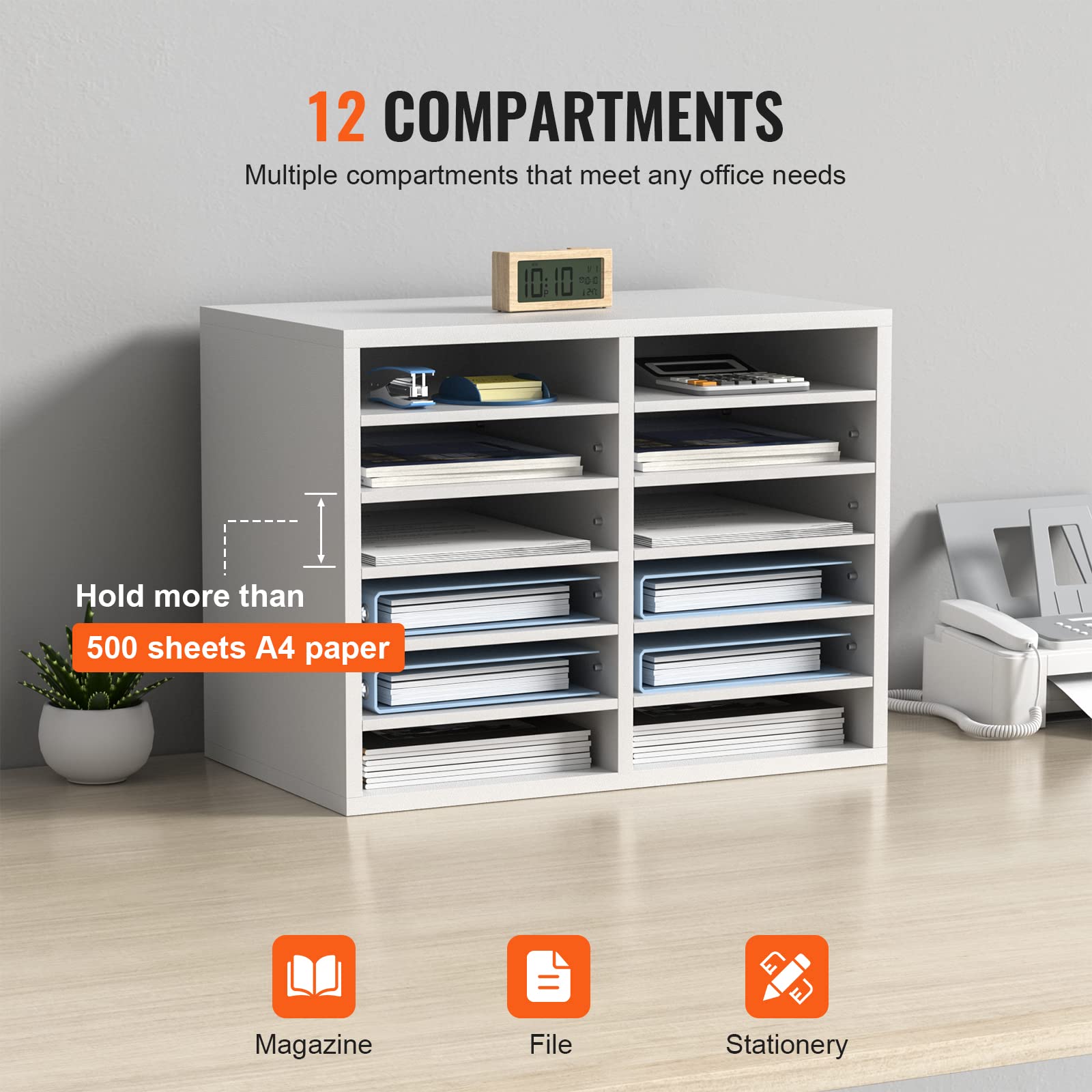 VEVOR Organizador de Literatura de madera Aglomerado Estante de Almacenamiento de Documentos de 12 Compartimentos 52x30,5x41 cm Clasificador de Literatura con Estantes Ajustables para Oficina, Blanco