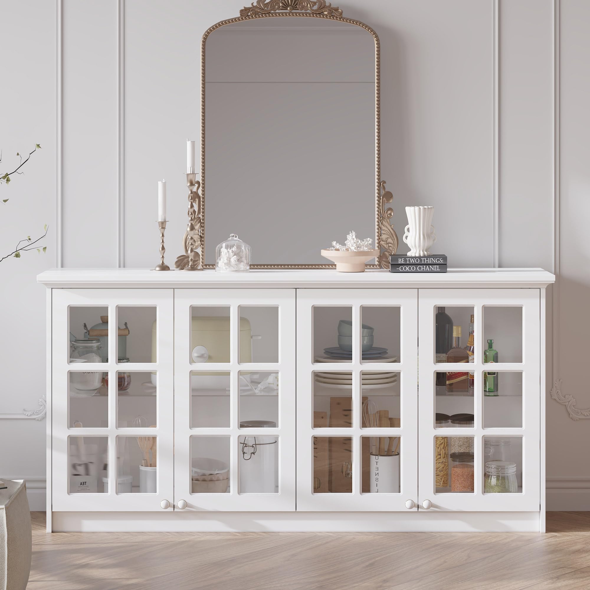 Timechee Large Cupboard, Modern Kitchen Food Pantry Storage Cabinet, White Hanging Bathroom Wall Mounted Cabinet Storage with Glass Shelf and Doors