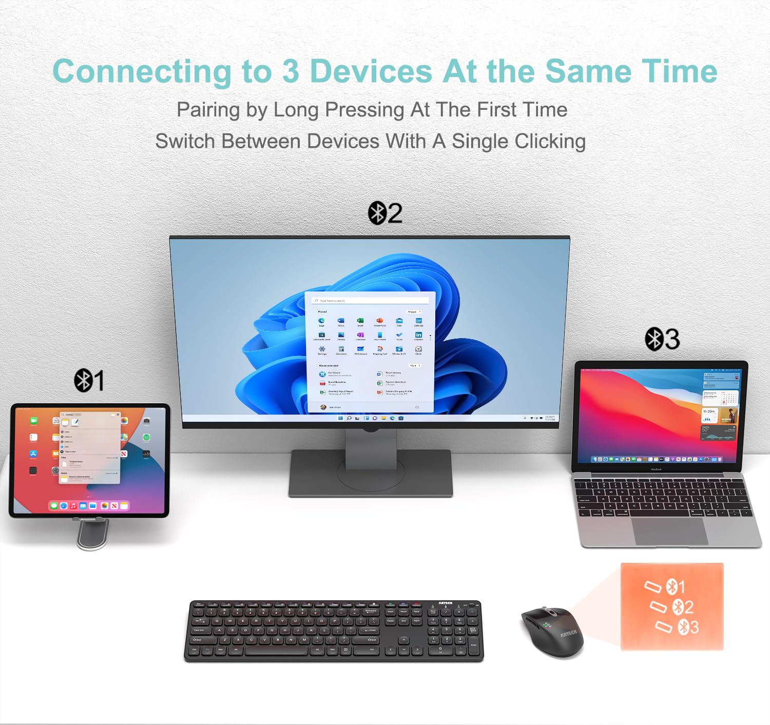 Arteck Multi-Device Wireless Bluetooth Mouse Ergonomic Silent Clicking Backward Forward for Desktop PC Laptop Mac iPad Build in Rechargeable Battery