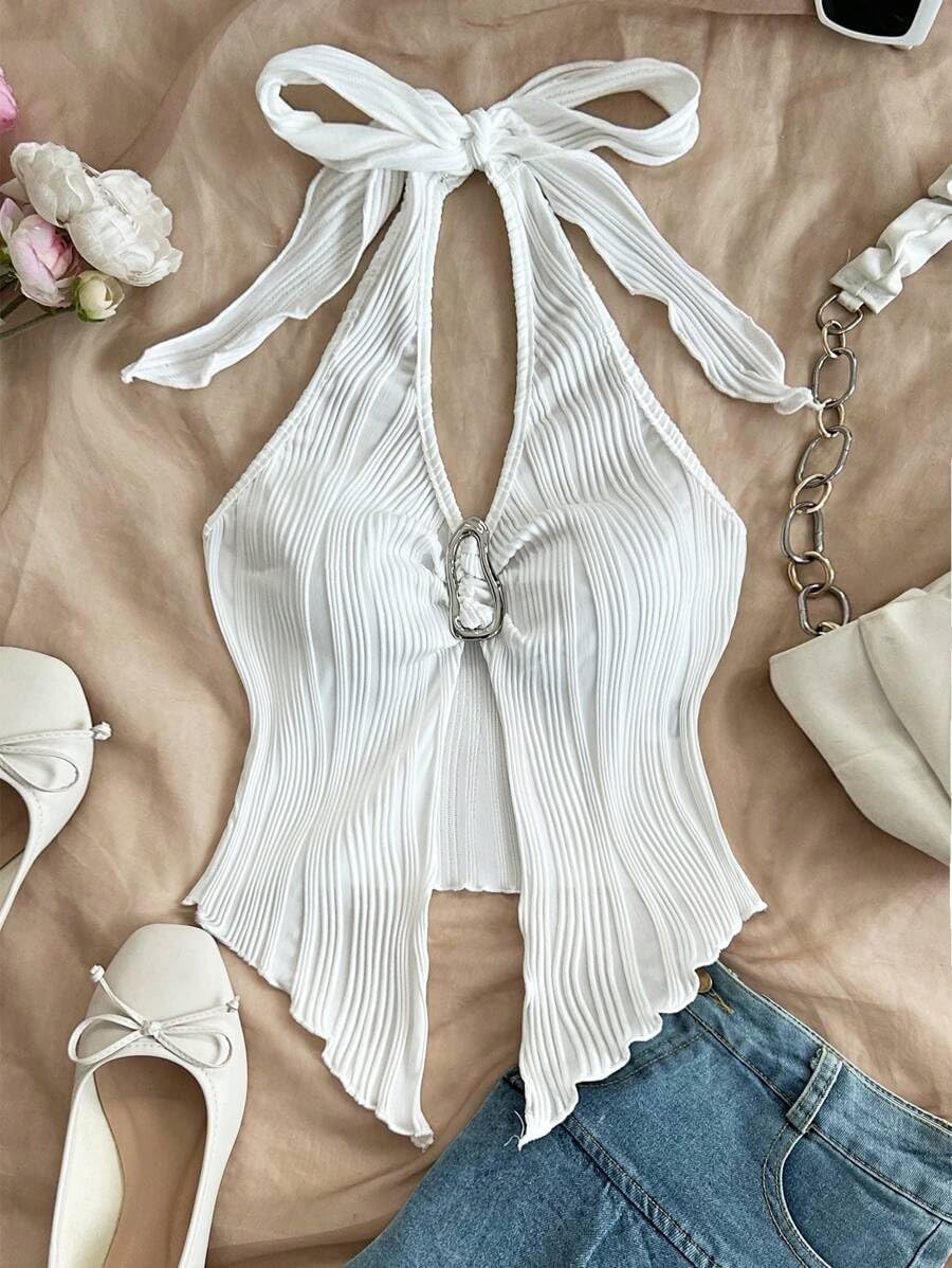 ZAFUL Women's Halter Top Adjustable Tie Backless Cute V Neck Tank Tops Casual Summer Beachwear Tankini Top - Image 2