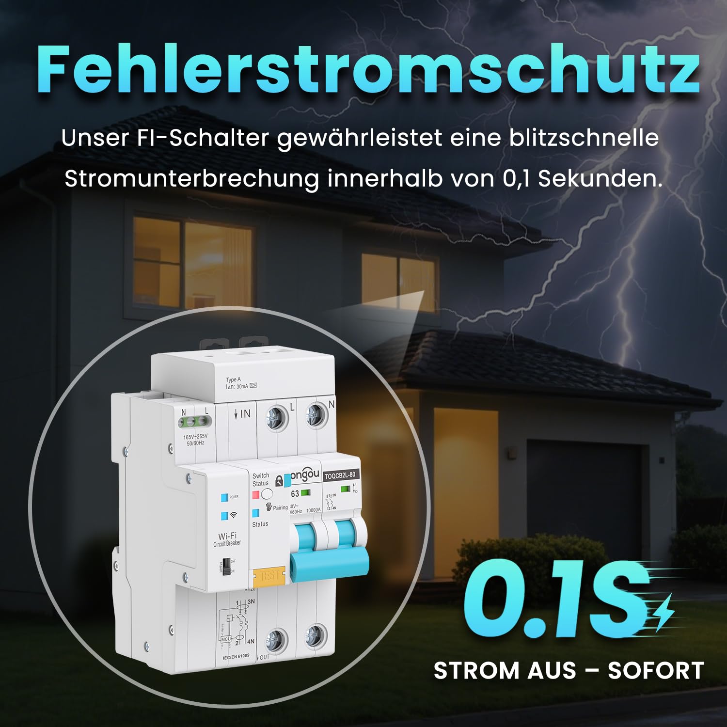 TONGOU WIFI FI-Schutzschalter RCBO 2P 63A 30mA Fi-schutzschalter Leitungsschutzschalter Tipo A para el hogar y enchufes, Icu10kA, montaje DIN, control remoto inteligente