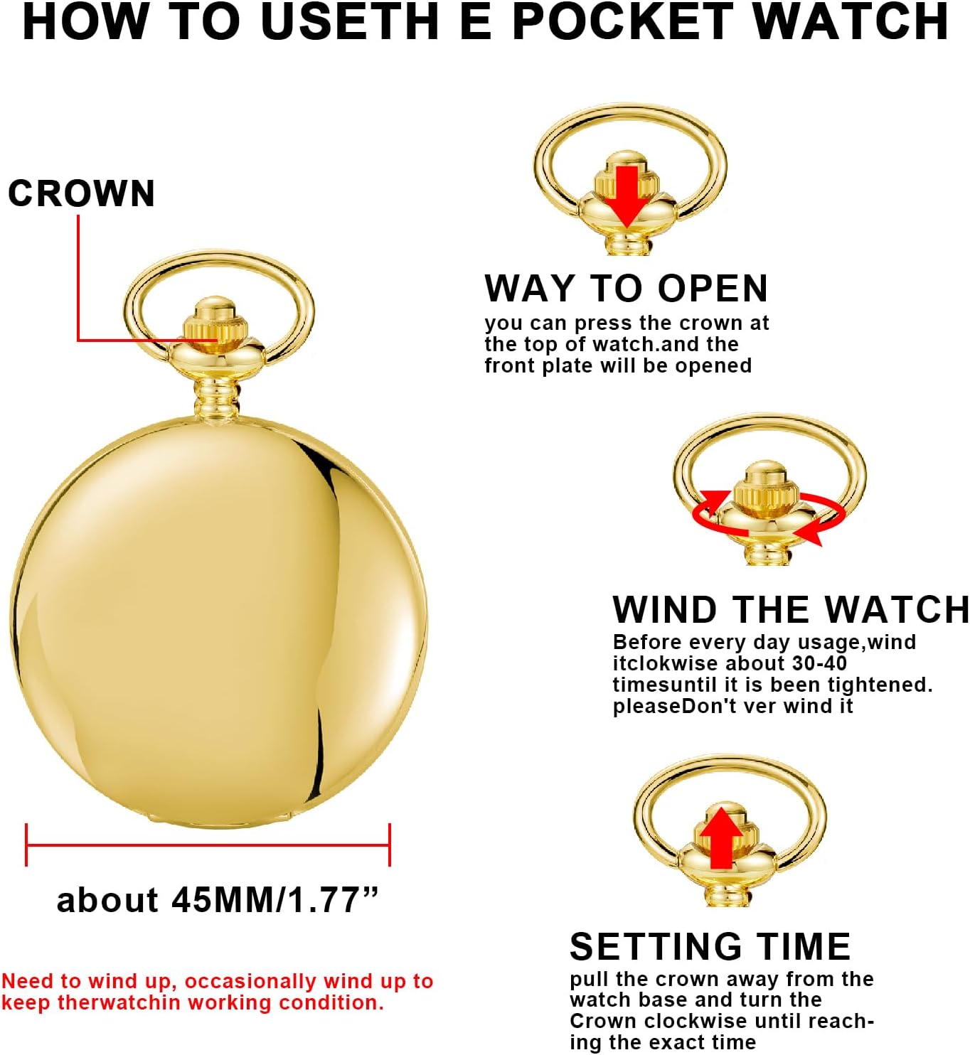 Mechanical Pocket Watch, Luminous Arabic Numerals Dial Double Cover Pocket Watch with Chain for Men