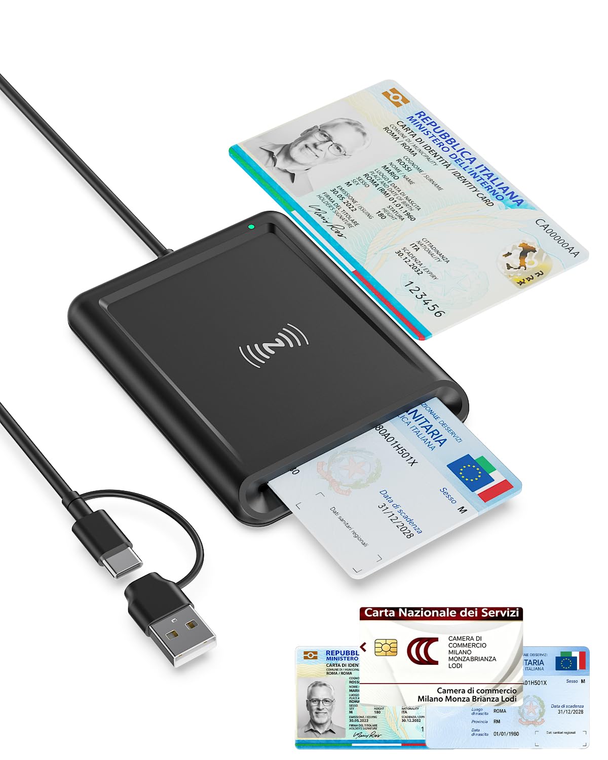 USB Lettore CIE 3.0 NFC Identita Elettronica e Tessera Sanitaria Italiana | Lettore Smart Card Firma Digitale per Contatto e Contactless CIE/CRS/CNS,Lettore Carta d'Identità con PC Windows10 e 11 Linux