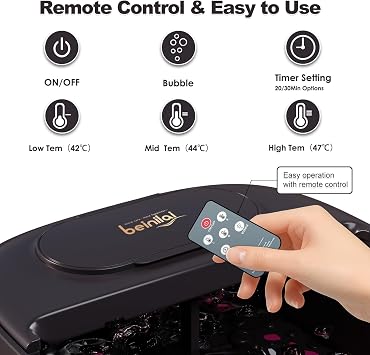Beinilai Collapsible Foot Spa Massager with Heater,Remote Control | Temp Control,3 Pedicure Attachments,Pedicure Foot Bath with Bubble and Handle for Relive Stress