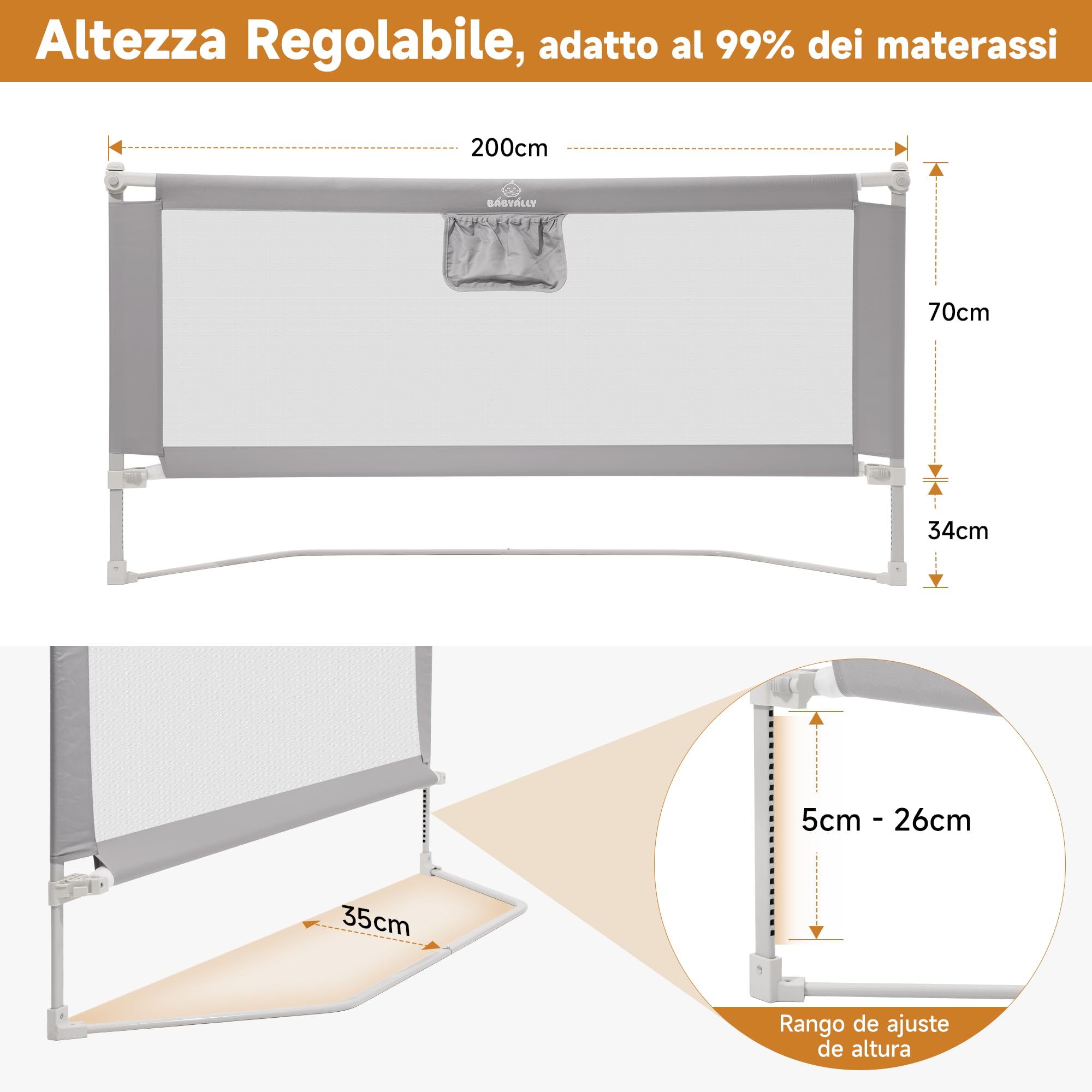 Sponda Letto Bambini 180 cm, Universale Barriera Protettiva Bambini Barriera Letto - Installazione Rapida in 3-5 Minuti, Grigio