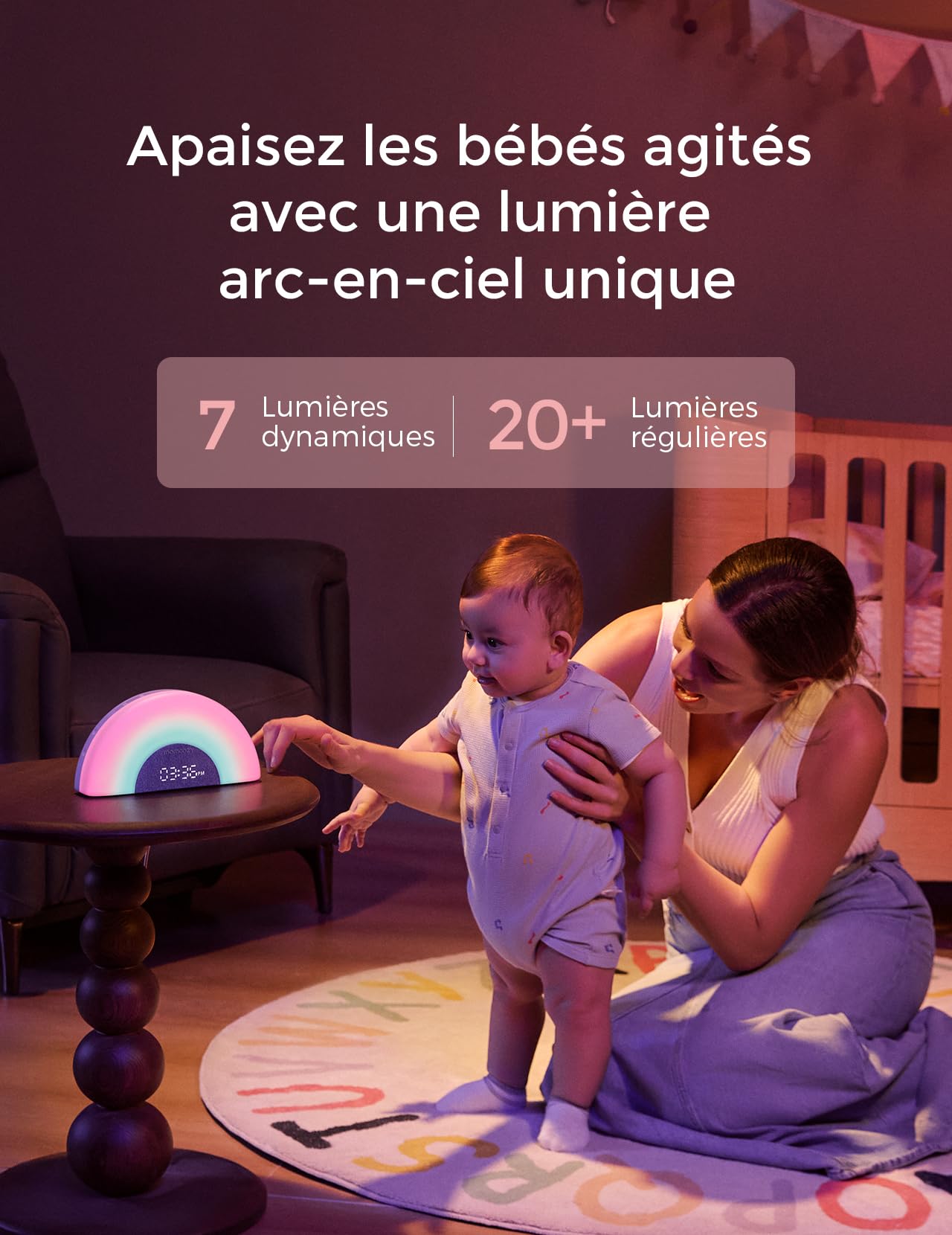 Momcozy DreamSync Tech™ Machine à Sons Bébé 34 Bruitages Apaisants, Veilleuse Connectée par App, Programmeur de Sommeil avec Alarme Levé de Soleil et Haut-parleur Sans Fil