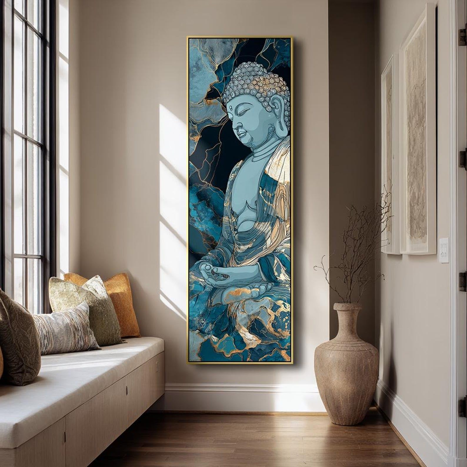 XINBAO Dark Buddha Canvas Print, Vertical Minimalist Zen Decor, Spiritual Buddha Portrait, Painting, Buddha Wall Art Canvas(65x195cm/Inner Frame)
