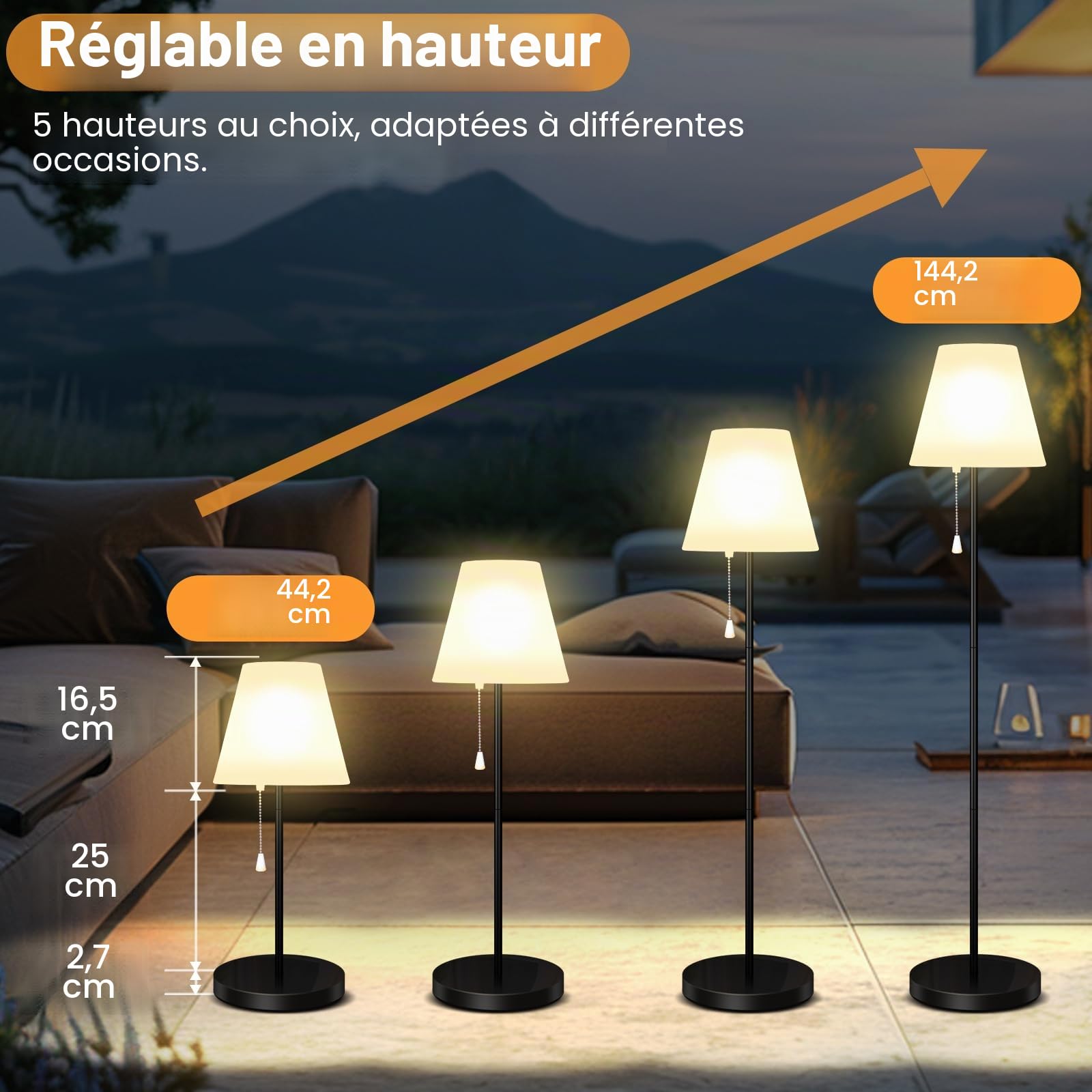 Lampe solaire sur pied pour extérieur avec capteur de lumière, étanche IP65, rechargeable par USB, intensité variable en blanc chaud et RGB, lampe sur pied sans fil pour terrasses, jardin, etc.
