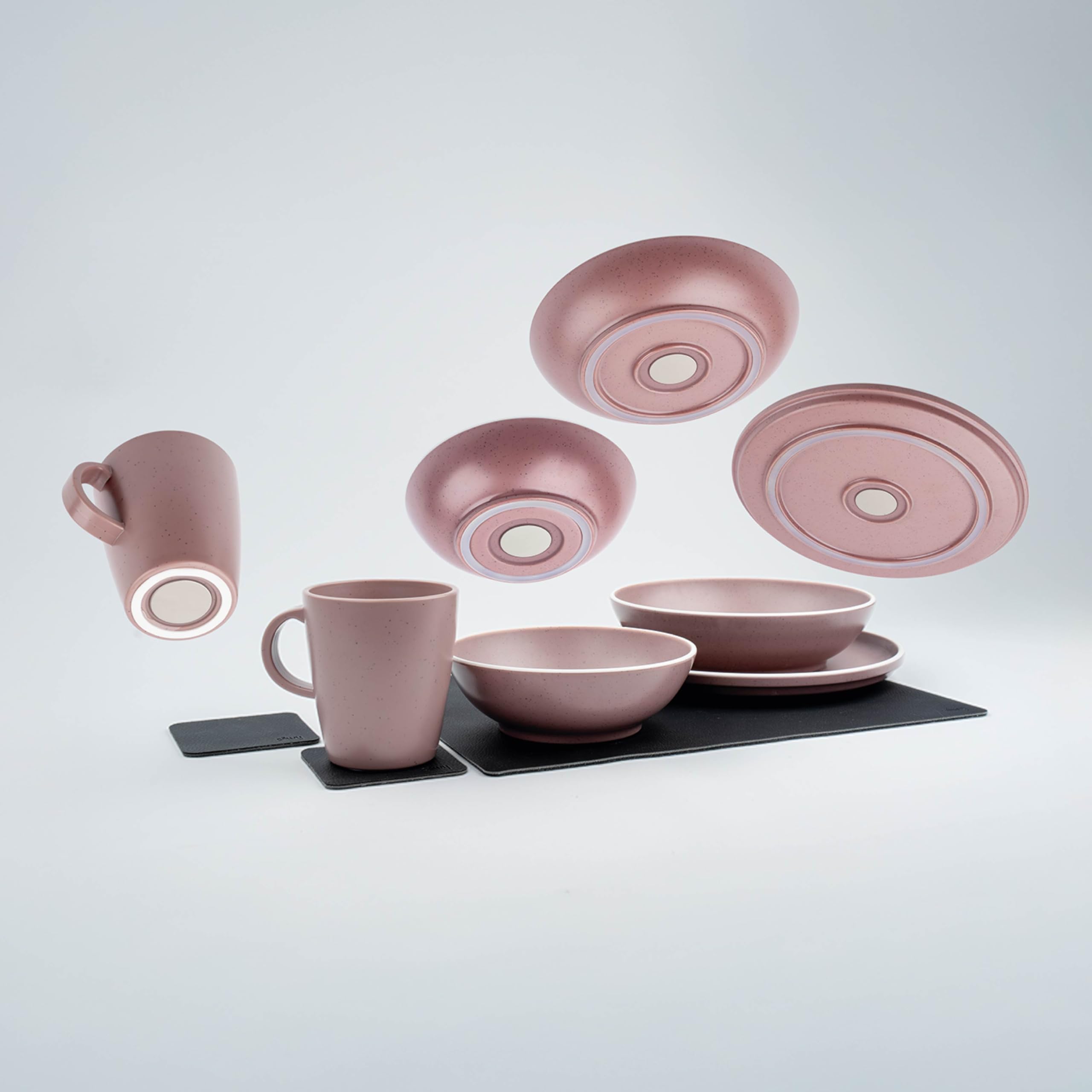 Silwy® Dolomit Grey Magnetic Tableware Set - 11-Piece Plastic Tableware in Stonetouch Design | for Motorhome, Camping & Boat | Rattle Free & Shatterproof | Includes Nano Gel Mat & Pads (Rose)