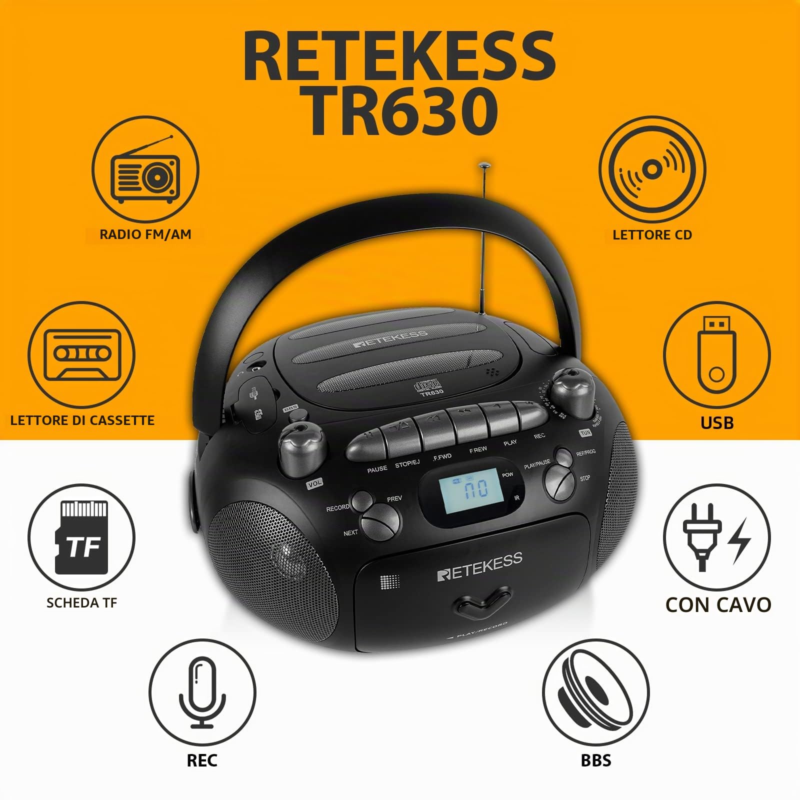 Retekess TR630 Lettore CD, Lettore Cassette | per Intrattenimento Domestico, Famiglia, FM/AM, Boombox Stereo, USB/TF, LCD con Retroilluminazione