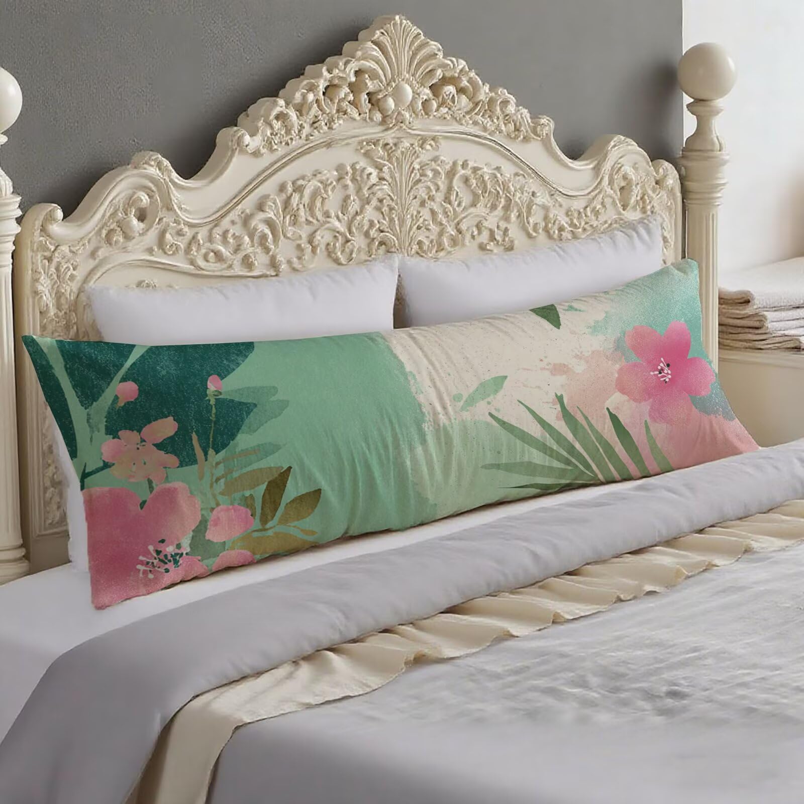 Protège-oreiller 60x180 rose et vert | Housse de coussin en velours doux double face