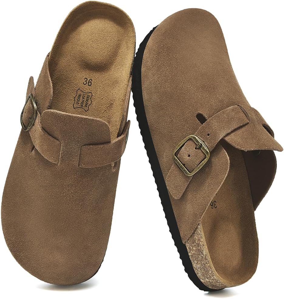 100% Genuine Suede Toddler Kids Clogs with Arch Support, Boys Girls Infant Clogs with Comfort Memory Foam Insole, Non Slip Cork Footbed Mules for Kid with Adjustable Straps