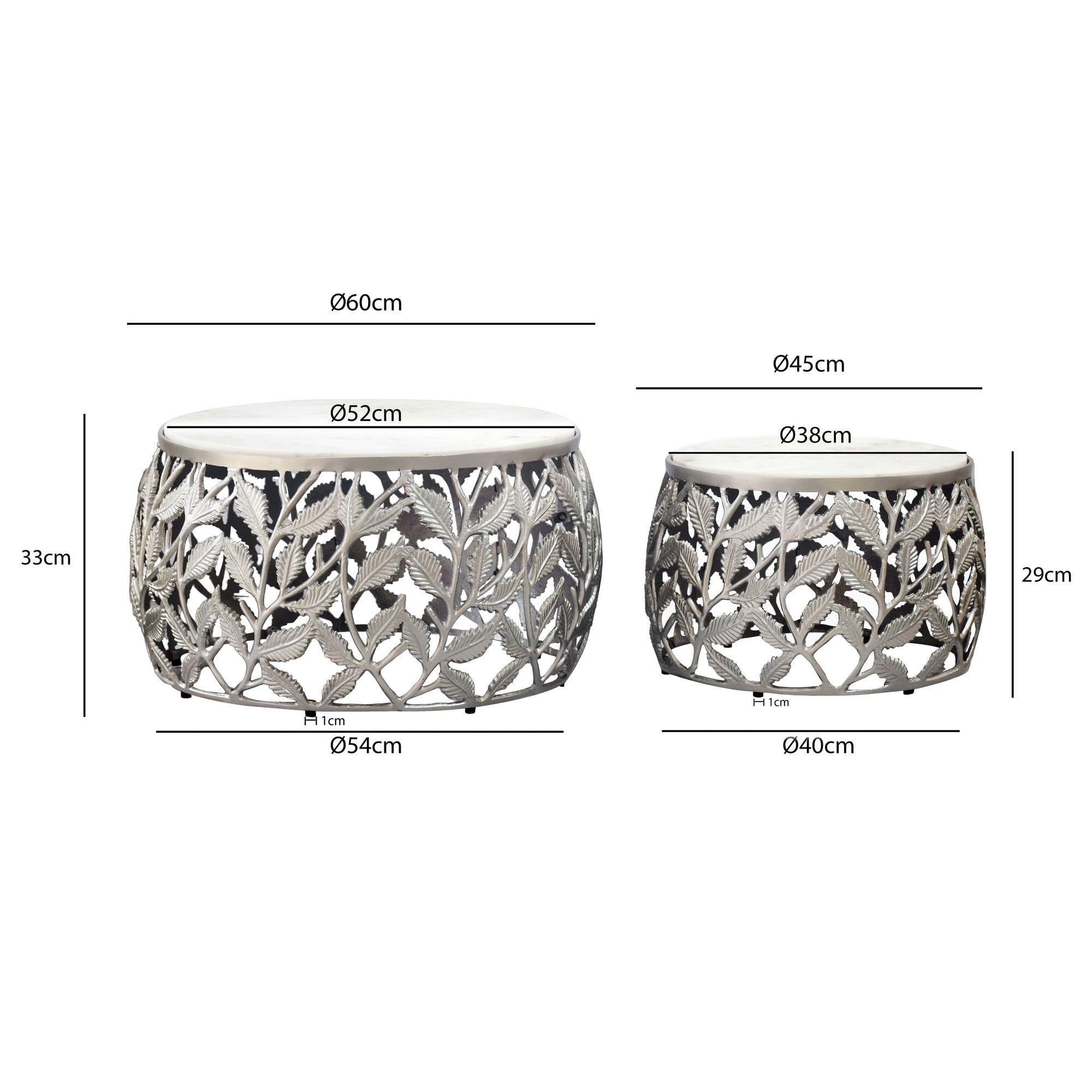 WOHNLING Set di 2 tavolini da salotto argento con piano in marmo bianco - Tavolino da soggiorno rotondo - Tavolino d'appoggio moderno in alluminio - Set tavolini da divano in alluminio con struttura i