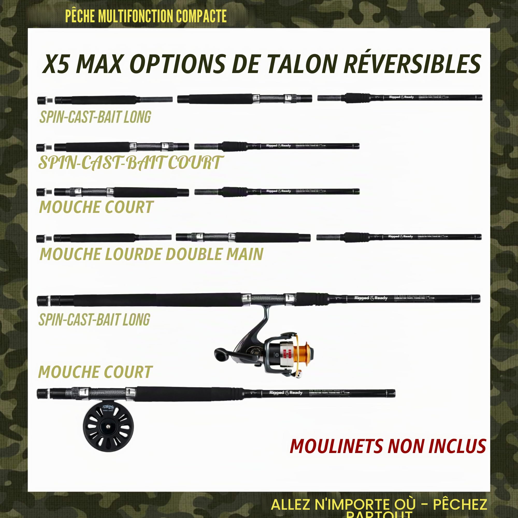 Cannes à pêche de Voyage Rigged and Ready X5 Series Spin-Fly X5 et 2 moulinets Combinaison, Canne X5, X5 Max Super compacte, Cannes multifonctionnelles, 4 Pointes, 5 Techniques, 1 Canne à pêche.