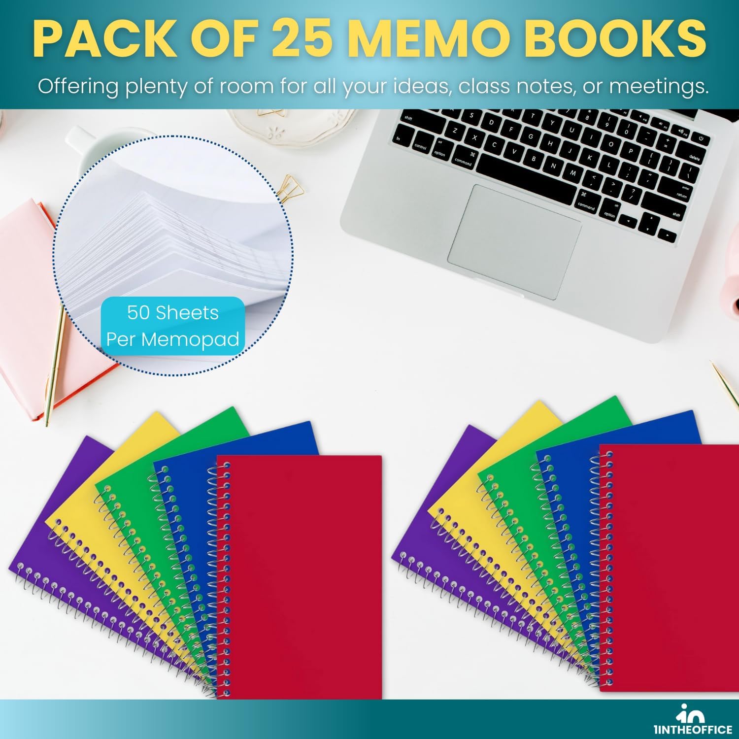 1InTheOffice Wirebound Spiral Memo Books, Memo Pads, 4" x 6", College Ruled, Small Notepad 4x6, Assorted, 50Sheets/Pad, 25 pack