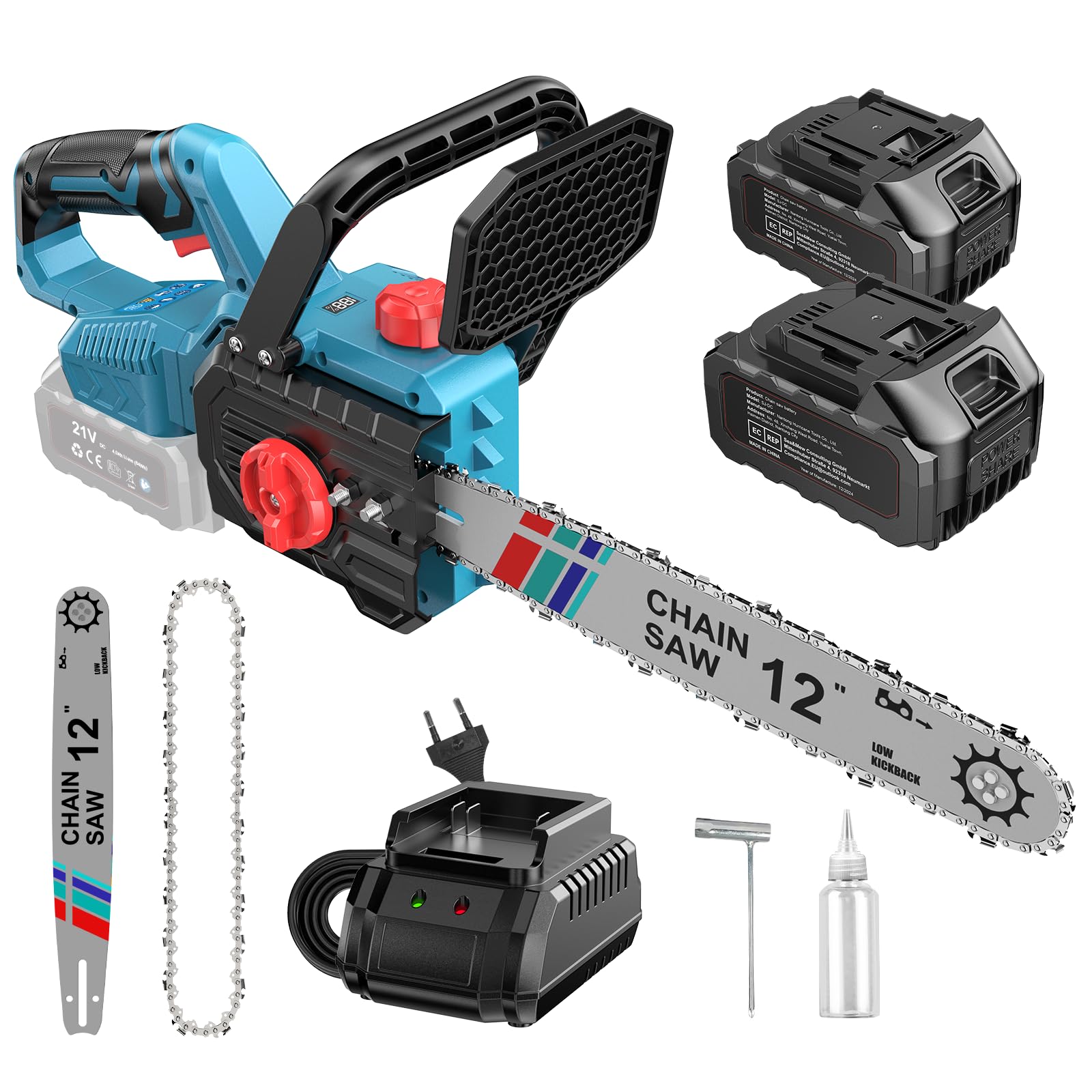 Motosega a Batteria 12" Brushless 1000W, Motosega Elettrica con Lubrificazione Automatica e Tensionamento Rapido Senza Utensili,Compatibile con Batteria Makita 18V LXT, 2x4000mAh per Potatura e Taglio
