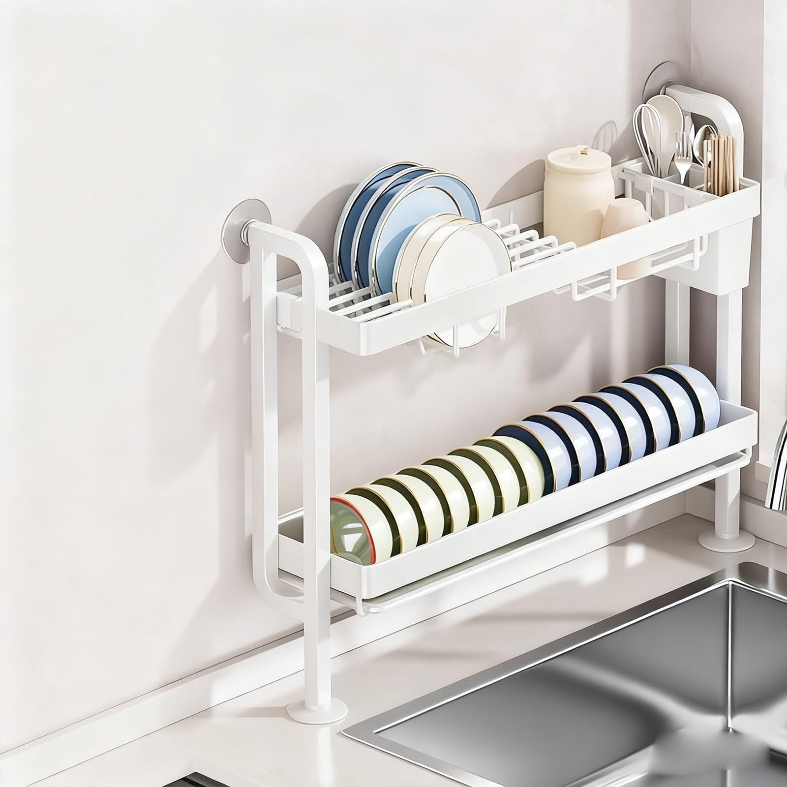ARUNASC dish racks Dish Drying Rack 2/3 Tier Kitchen Counter Utensil Holder Over The Sink Dish Drainer Drying Rack for Kitchen drainer(Wei�,Double layer)