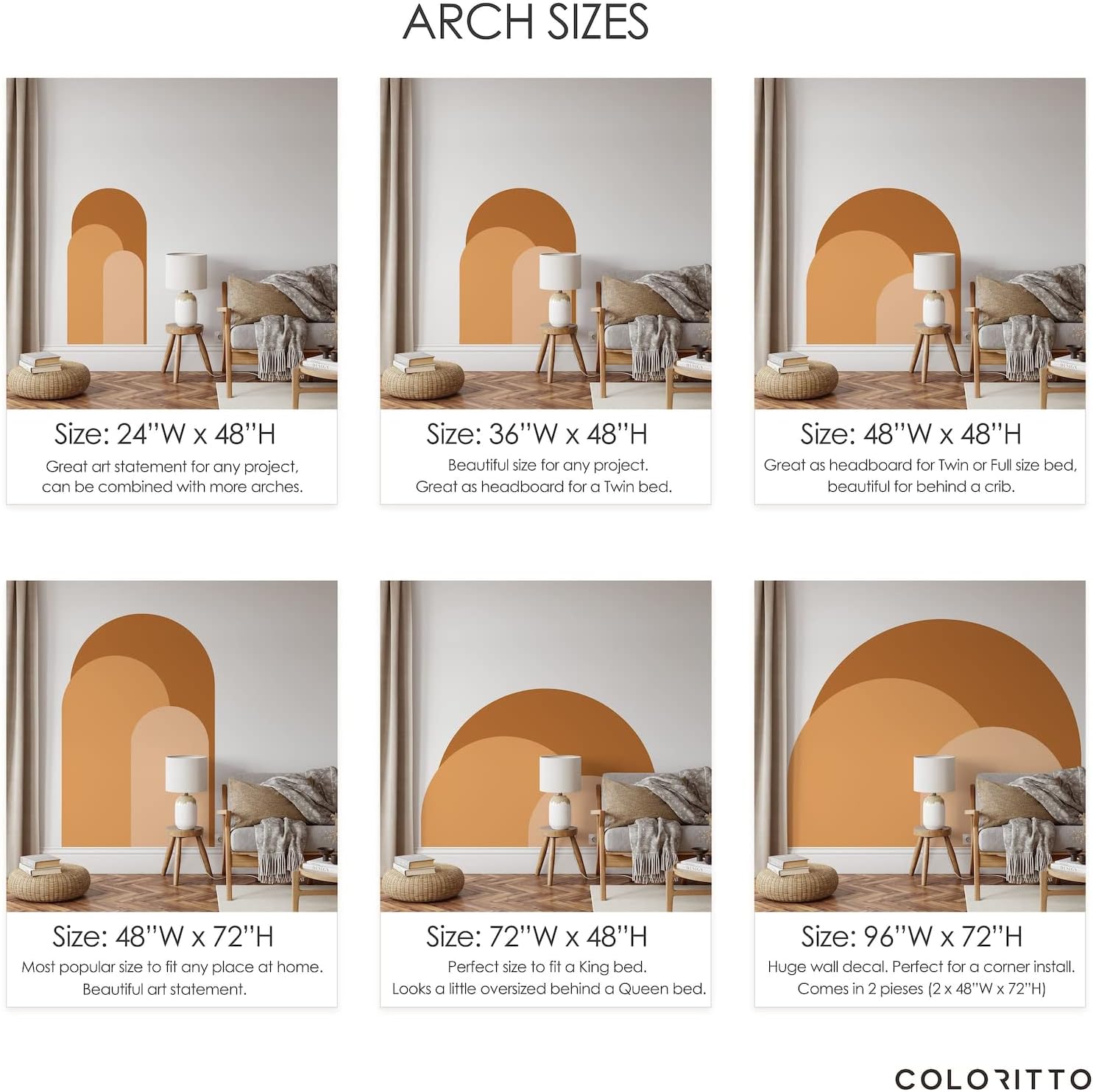Modern Arch Wall Decal | Peel and Stick Arch Wall Sticker | Removable Self Adhesive Boho Mural | Headboard Sticker (48" W x 48" H)