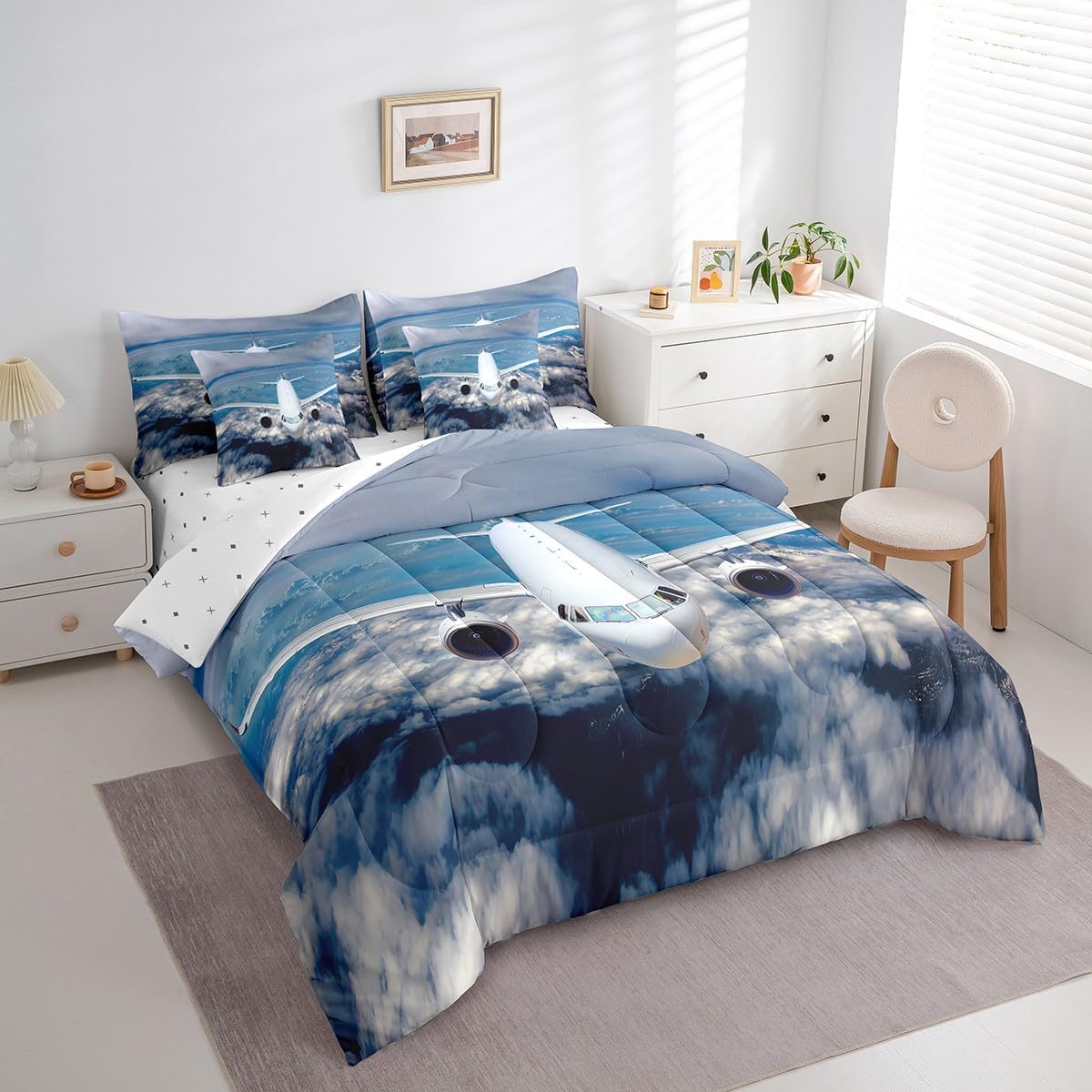 Erosebridal Aviation Aircraft Comforter Set 7 Piece Bed in a Bag Twin,Plane Airliner Bedding Sets Airplane Aeroplane Sheet Set with Comforter