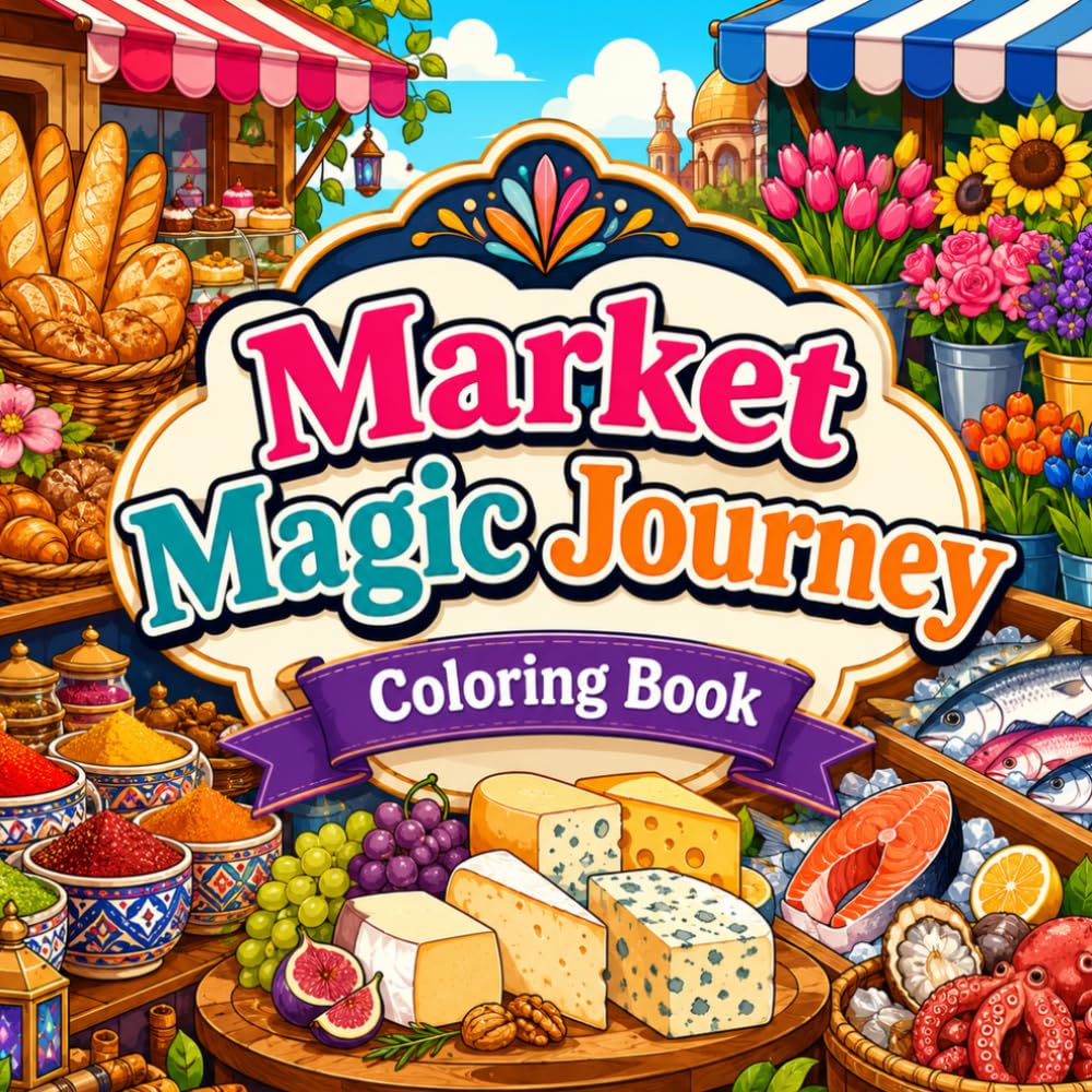 Market Magic Journey Coloring Book: Cozy Fantasy Marketplaces, Food Stalls, Flower Shops, Bakeries, Cheese Tables and Relaxing Bazaar Pages