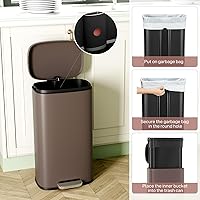 Vista 16 de Arlopu 8 Gallon Step Trash Can, Stainless Steel Garbage Bin, Soft-Close Rubbish Bin with Removable Plastic Inner Bucket, Fingerprint-Proof, Lid Grey