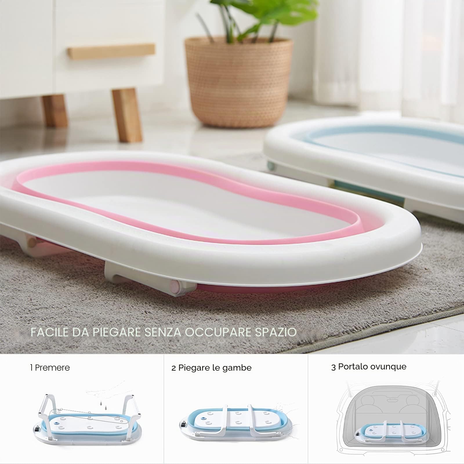 SONARIN Vasca da Bagno Pieghevole per Bambini con Indicatore di Temperatura,Vaschetta Bagnetto Antiscivolo Portatile con Cuscino e Tappo di Scarico per Neonati,Bambini Piccoli(Rosa)