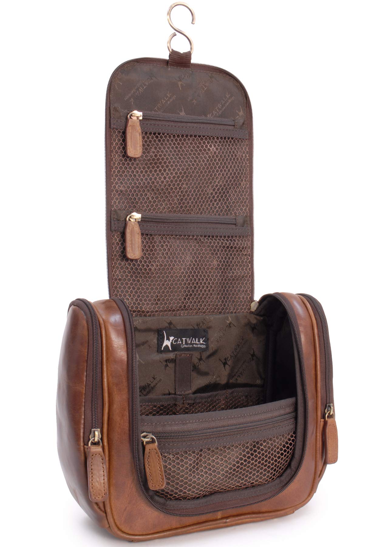 Catwalk Collection Handbags - Grande Borsa da Toilette Donna in Pelle - Beauty Case da Viaggio - Wash Bag con Gancio - Maisie - Marrone