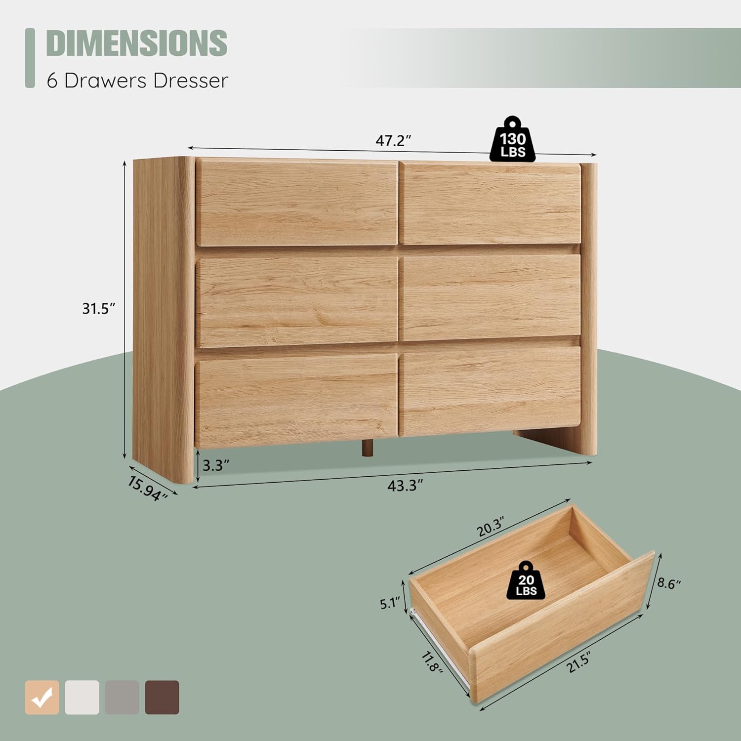 Modern 6 Drawers Dresser for Bedroom, 47" Wide Dresser w/Large Storage & Rounded Corner, Wood Handleless Chests of Drawers w/Natural Texture for Bedroom, Hallway, Living Room-Natural - Image 2