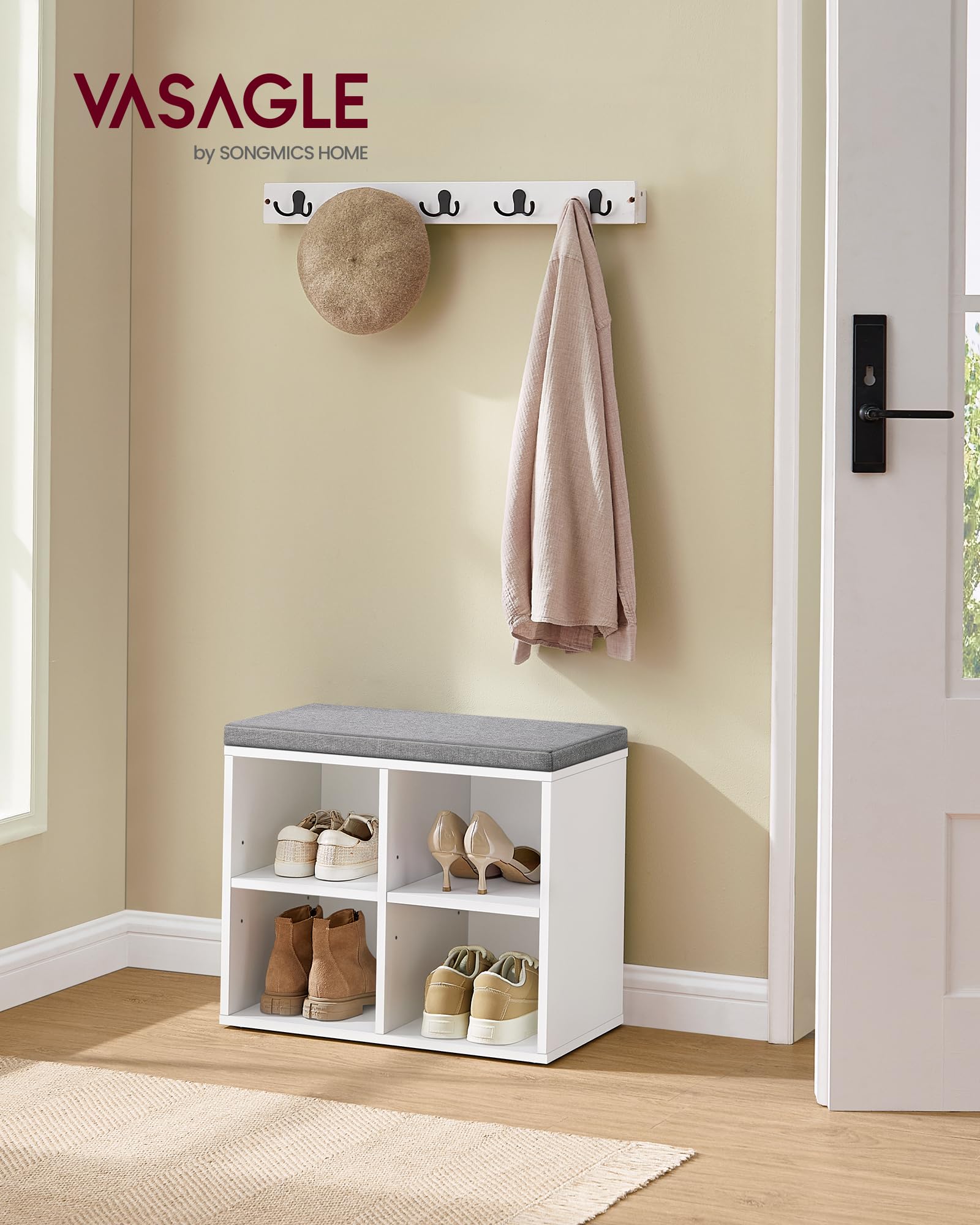 VASAGLE Banco Zapatero, Mueble Zapatero, Banco Recibidor con 4 Compartimentos y Asiento Acolchado, 30 x 105 x 48 cm, Entrada, Dormitorio, Sala de Estar, Blanco y Gris LHS234W01