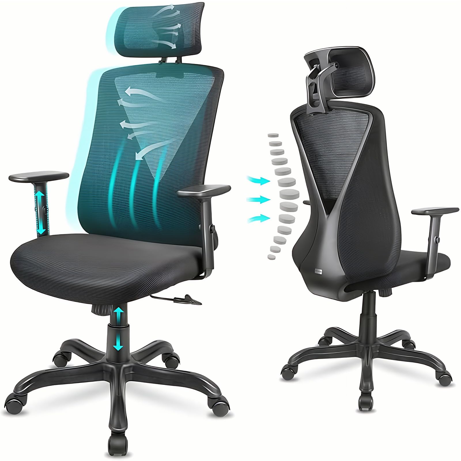 Ergonomic Mesh Office Chair Home Desk Chairs with Headrest Swivel Computer Chair with Reclining Backrest High-Back Gaming Chairs