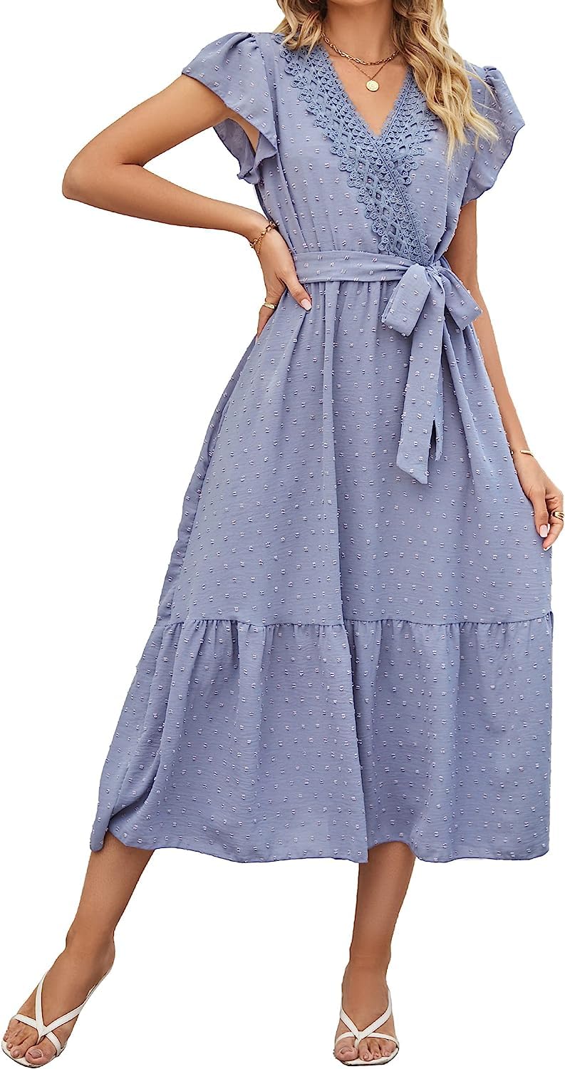 Femmes col en V Robe à Lacets Volants Manches décontractées Robe de midi a - Ligne Robe d'été Taille Haute