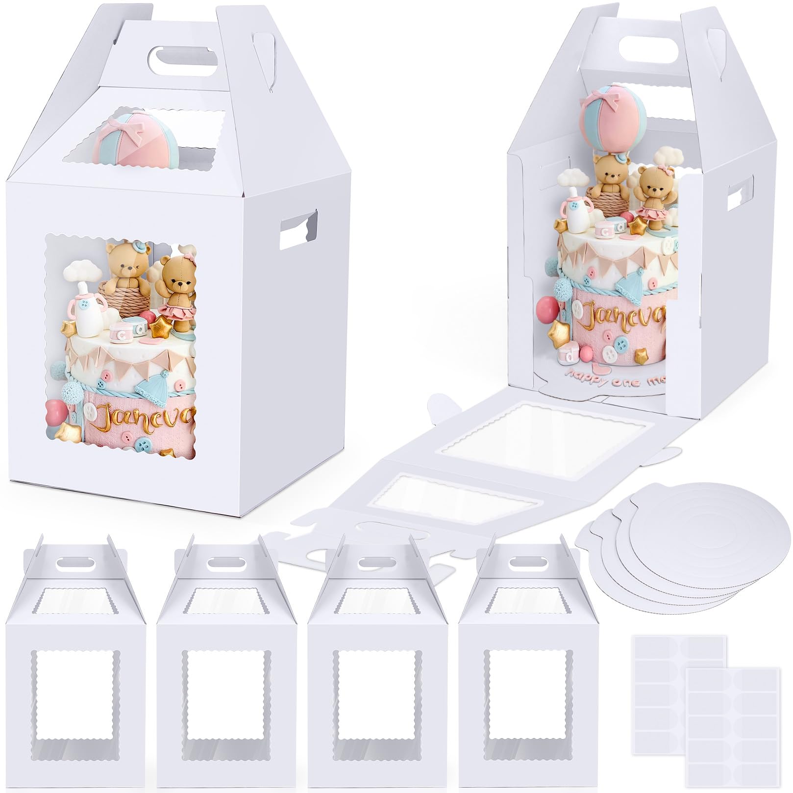 Naleyber Tall Cake Boxes for Tier Cakes with Cake Boards 4 Pack 12x12x14 Inch Large Tiered Cake Carrier Containers with Window for Wedding Birthday