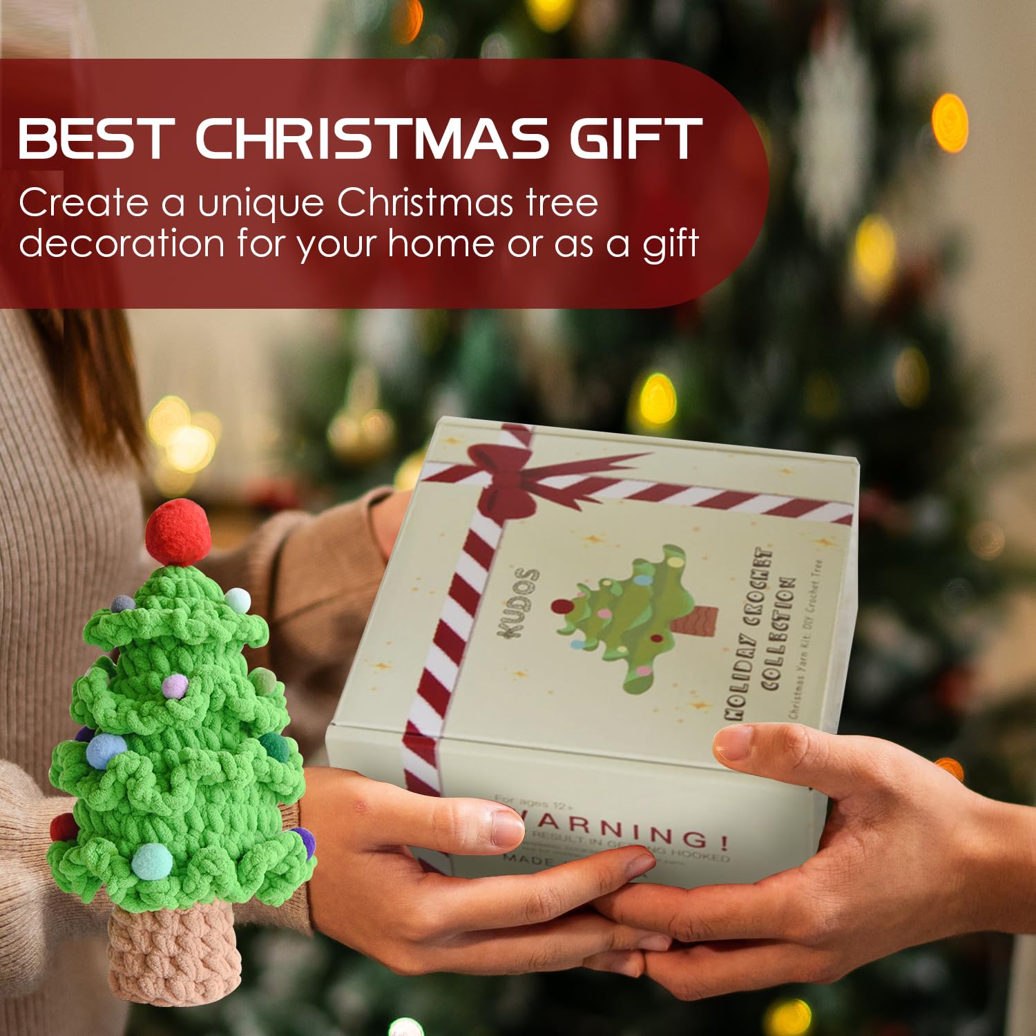 KUDOS Kit de ganchillo con todos los materiales, juego de ganchillo de árbol de Navidad para principiantes, kit de manualidades navideñas con hilo, gancho, cuentas e instrucciones (idioma español no