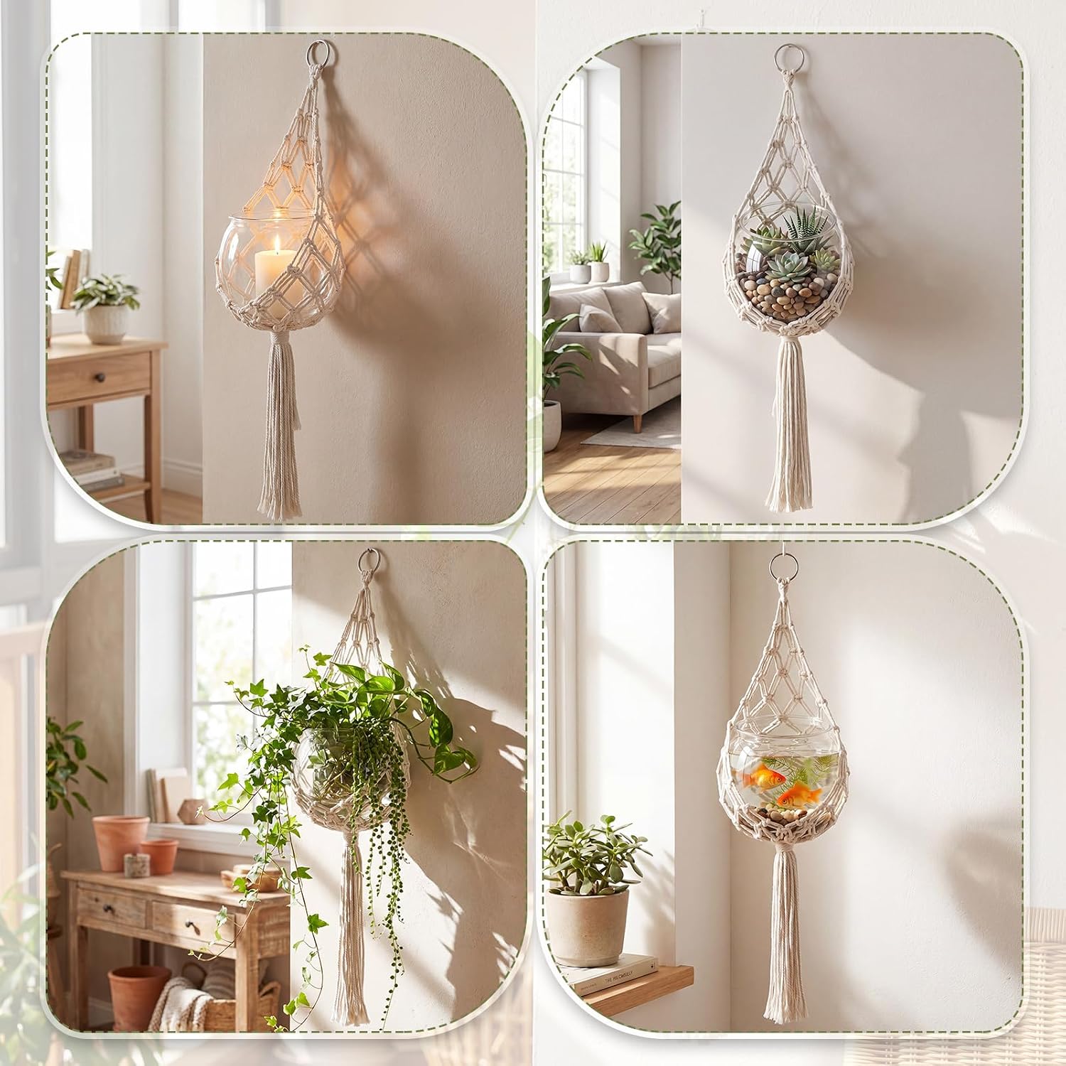 Junkin 1 Set Handmade Macrame Plant Hanger with Plastic Bowl Fish Tank, Cotton Rope Hanging Planter Basket for Indoor Outdoor Wall Decor, Boho Style, No Plant Included
