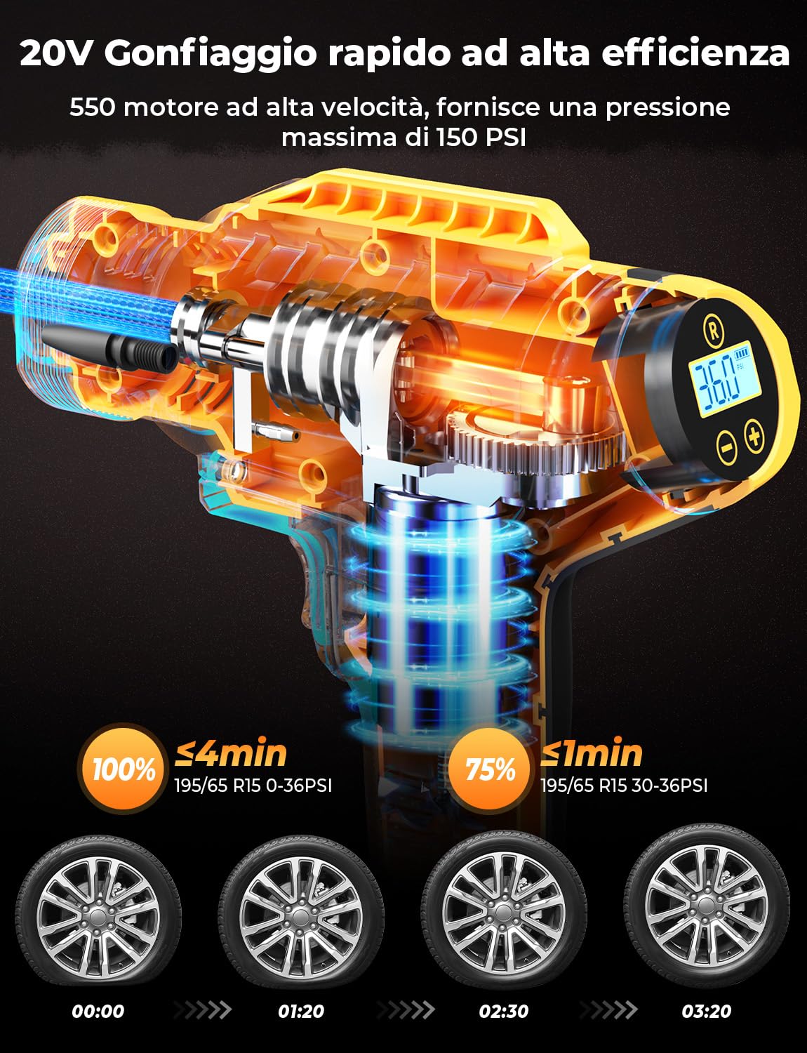 YOHOOLYO Compressore Aria Portatile per Pneumatici 150PSI Manometro Digitale LCD, luci a LED, Adatta per Auto,Biciclette, Moto e Palloncini