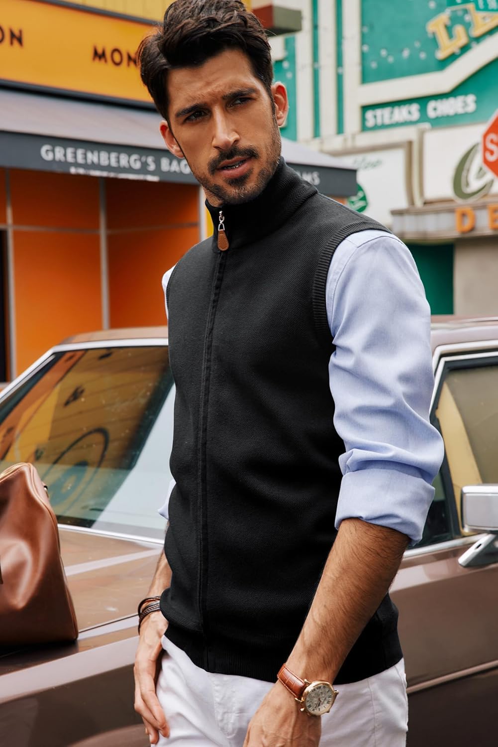 PJ PAUL JONES Mens Sweater Vest Full-Up Knitted Vests Casual Stand Collar Vests Sweater - Image 4